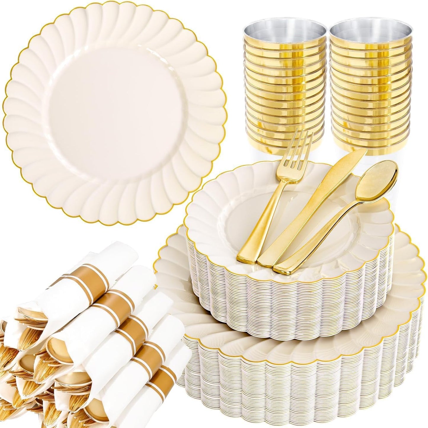 YOUBET 350PCS Ivory Scalloped Plastic Plates - Ivory and Gold Disposable Dinnerware Set Include 100 Plates, 150 Gold Silverware, 50 Cups, 50 Napkins for Wedding & Party