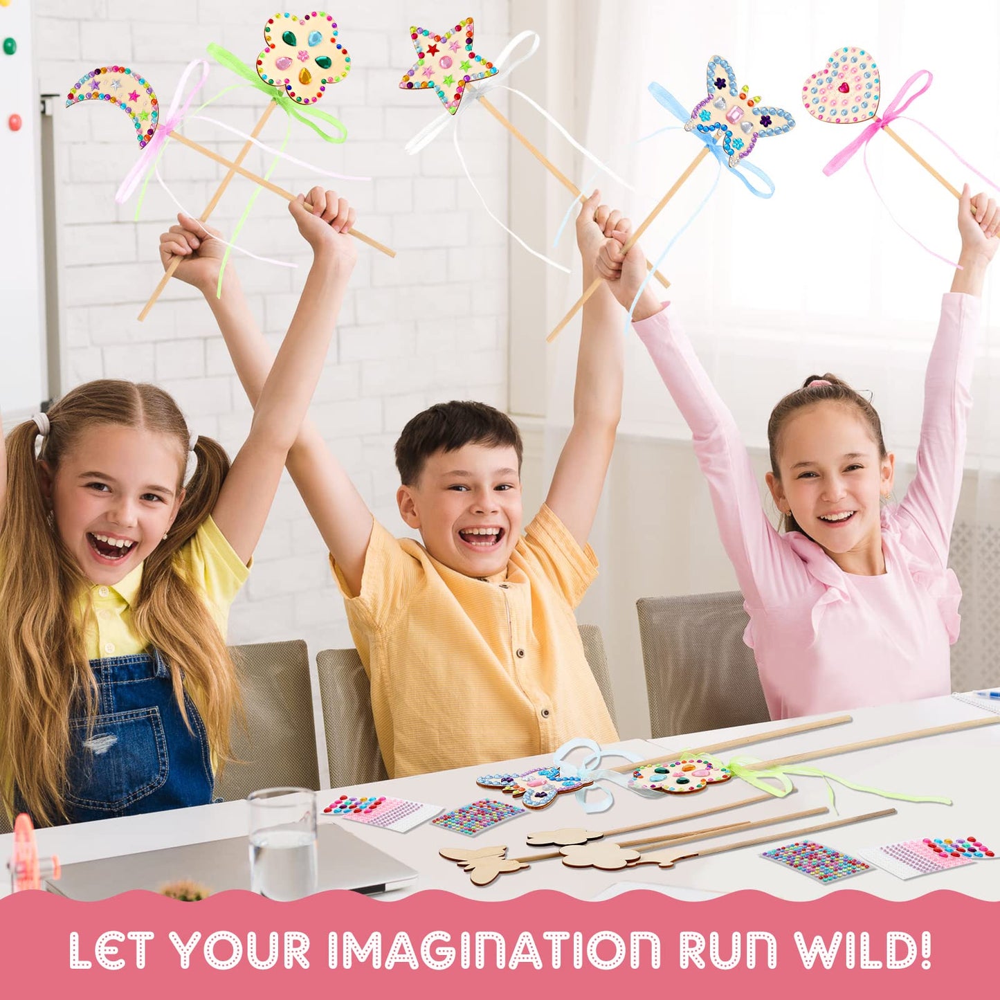 Princess Fairy Wands Kit Include Wooden Fairy Wands, Gem Stickers, Ribbons Unfinished Wooden DIY Magical Wand Crafts Moon Butterfly Magical Wand for Girls Make Your Own Princess Wand (36)