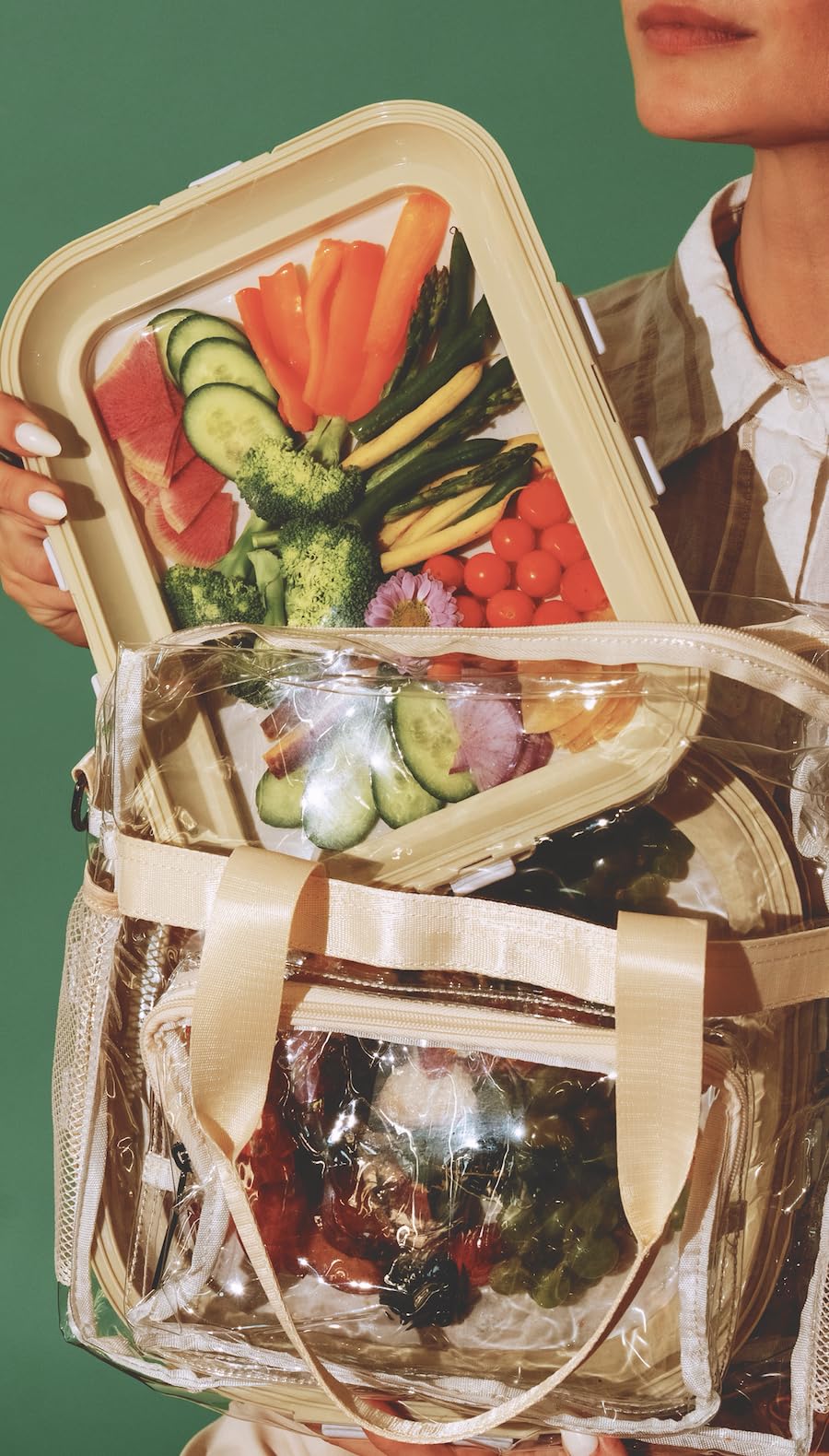 Crudités | Portable Snack Tray | Rectangle 2-Pack | Cream White | Reversible Stretch Lid Food Containers | BPA-Free, Freezer & Dishwasher Safe | Meal-Prep, Charcuterie, Salads, Picnic, Travel