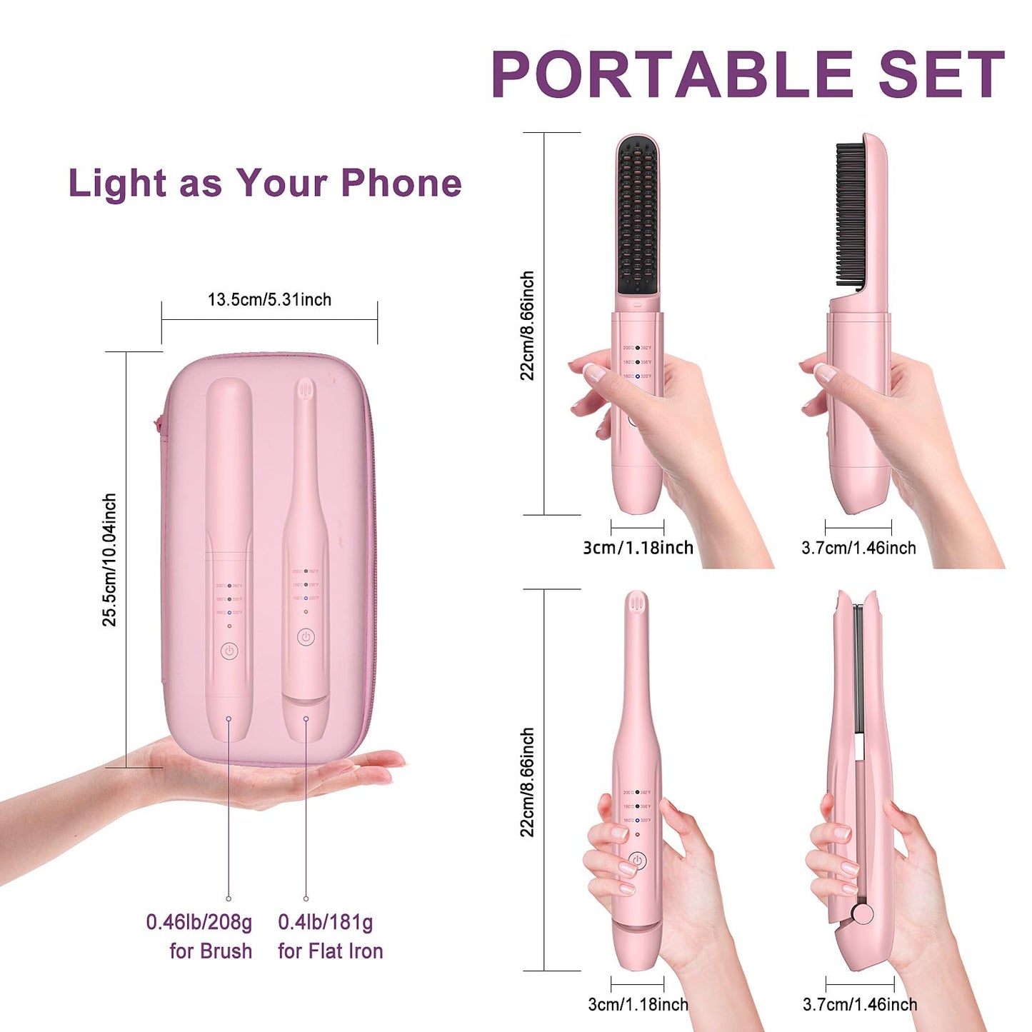 2Pcs Pink Cordless Portable Hair Straightener and Travel Hair Straightener Brush Set with Carrying Case, Hair Straightening Irons and Hot-Air Hair Brushes Set for Beauty and Personal Care