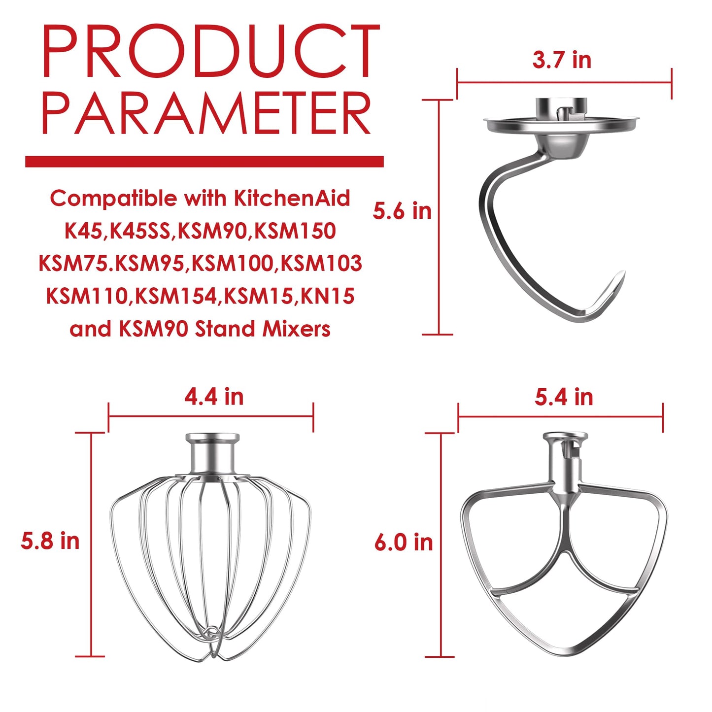 EZATO 3 Pieces Baking Mixers Accessories for KitchenAid, Compatible with KitchenAid 4.5-5QT Tilt-Head Stand Mixers, K45WW & K45DH & K45B Replacement, All Stainless Steel, Dishwasher Safe