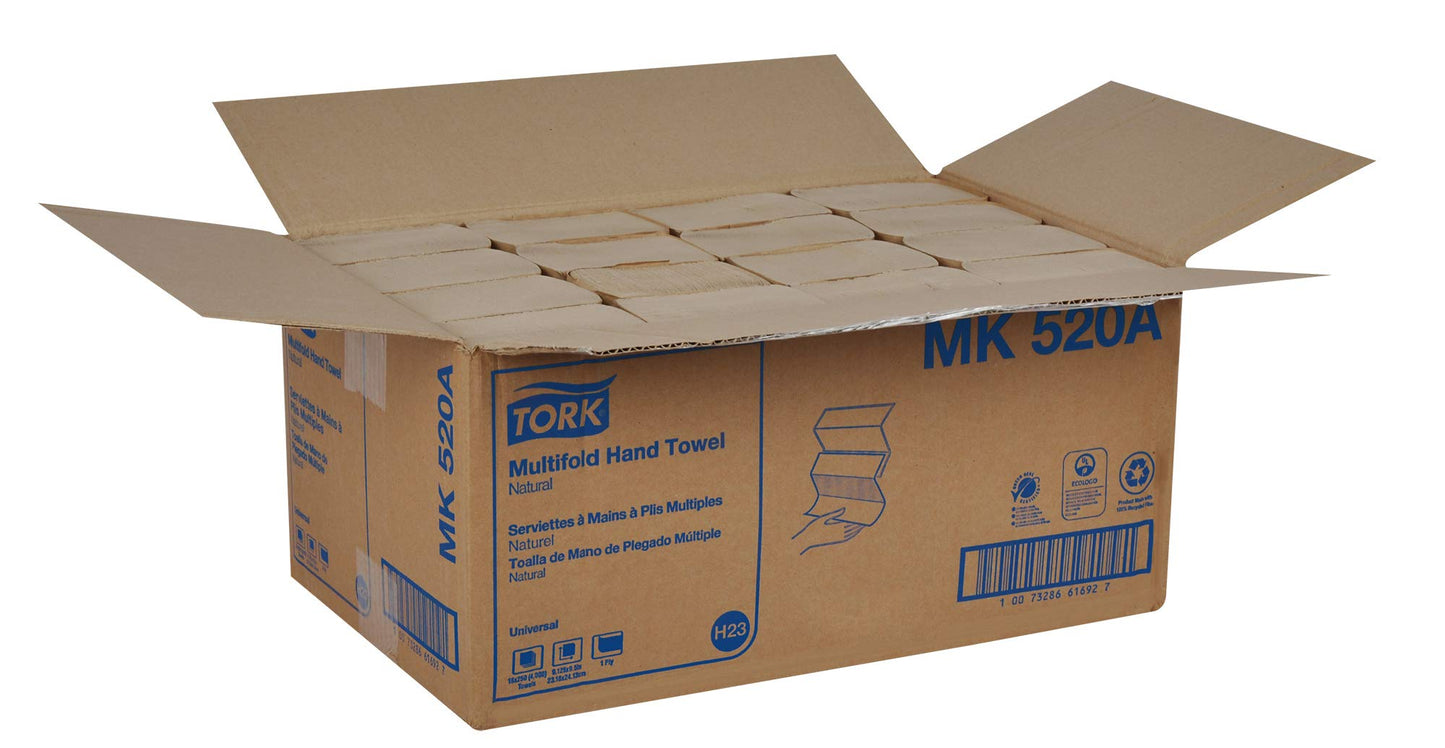 Tork Multifold Hand Towel, Natural, 100% recycled, FSC certified, Compatible with H2 Dispensers, 16 packs x 250 sheets (MK520A)
