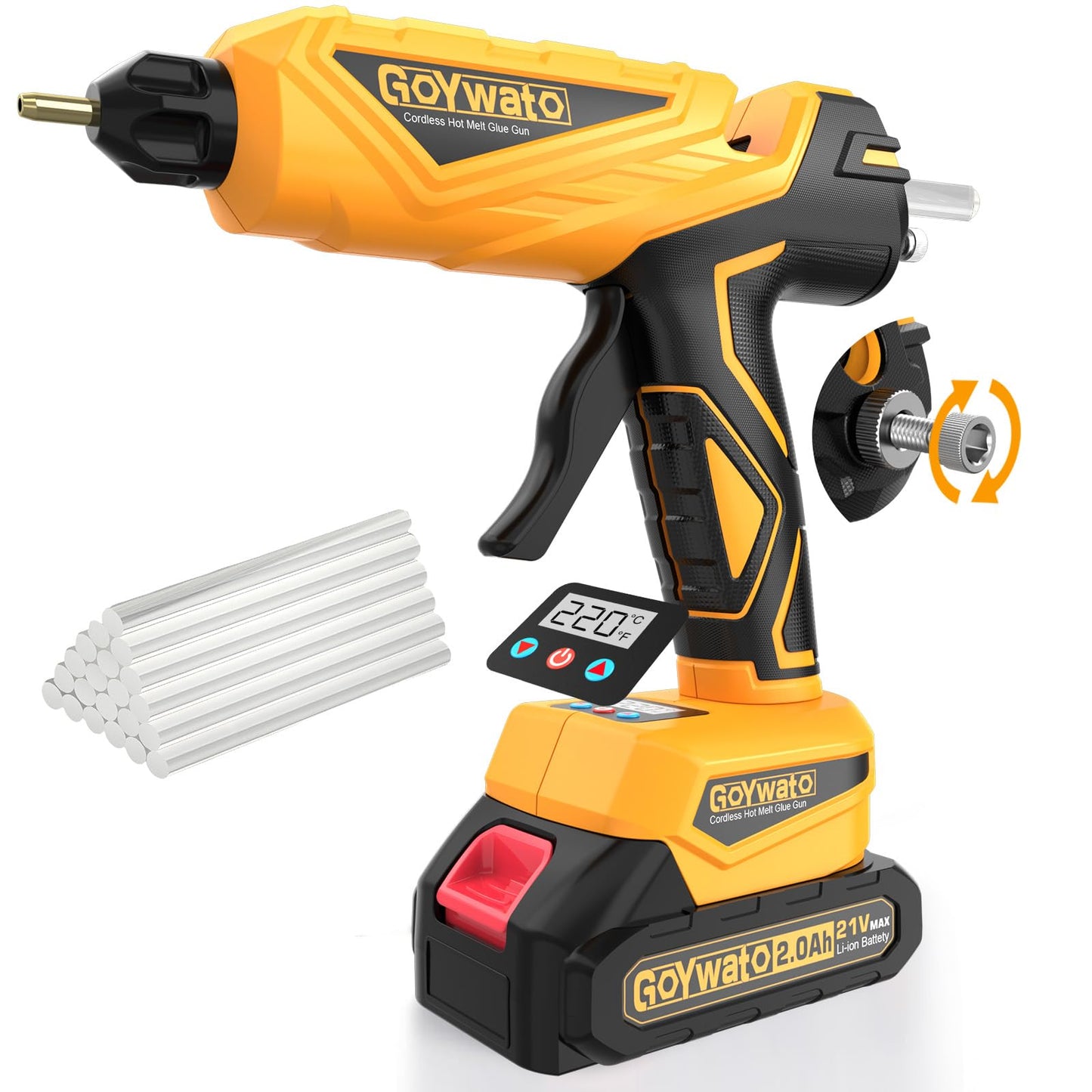 GoYwato 150W Cordless Glue Gun - 21V Drip-Free Fast Heating Hot Glue Gun Set with Active Temp Adjust Control & LED Display & 2.0Ah Battery & Charger & 20 Pcs Glue Sticks for Crafts & DIY Handmade