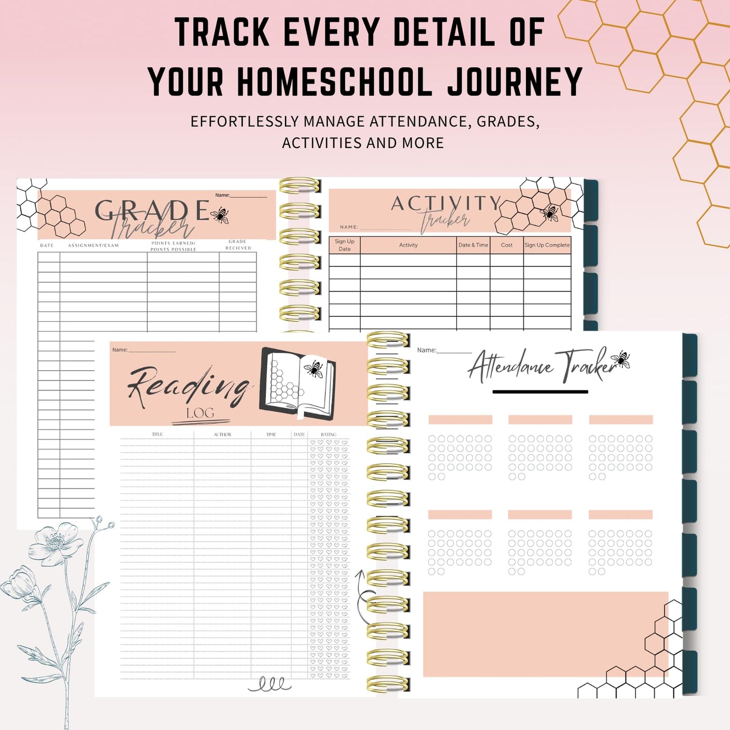 Homeschool Planner Undated for Moms - 180 Daily Pages + 12 Monthly Calendars | 8.5x11 Gold Spiral Bound | Attendance, Reading Log, Grade Tracker