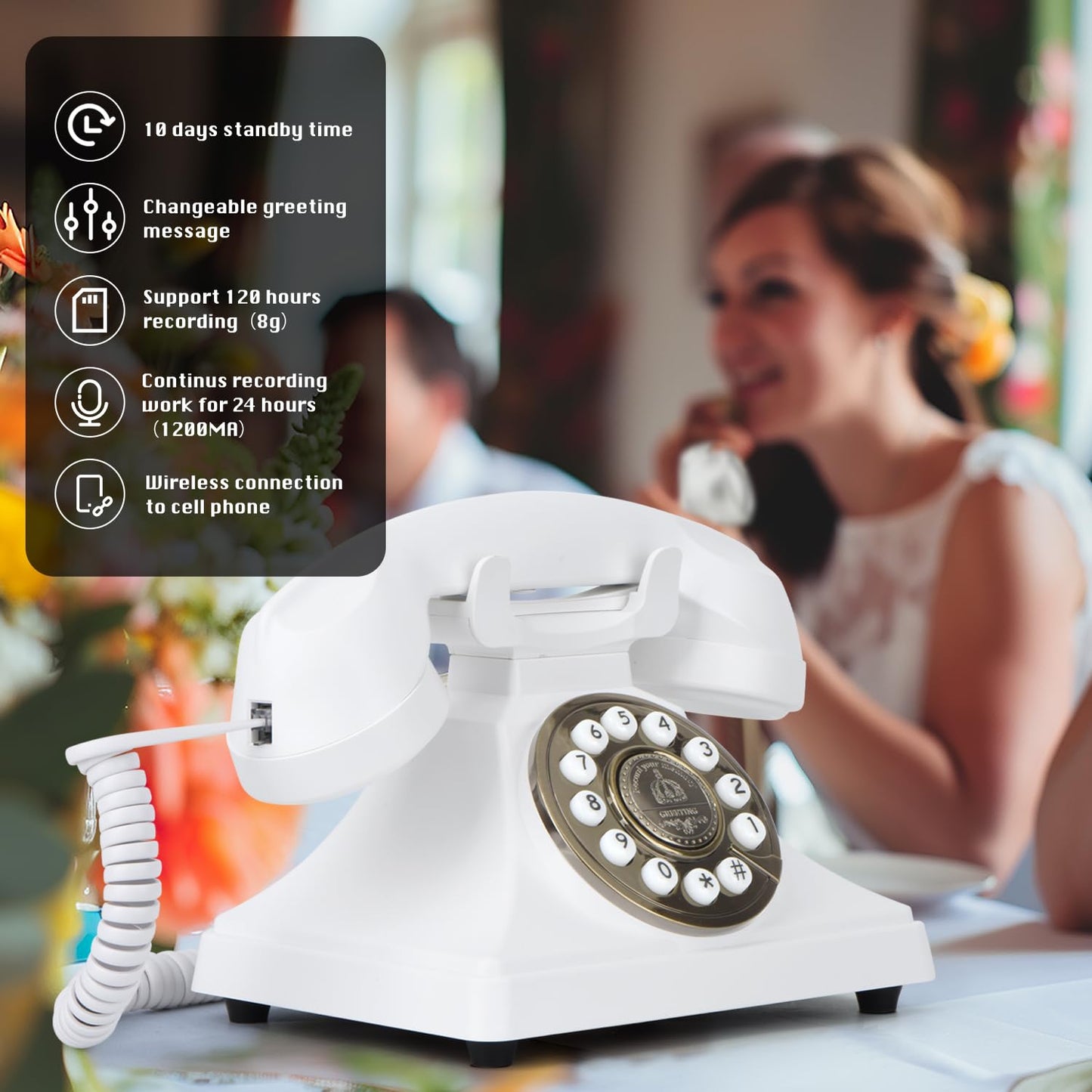 MCHEETA 2025 Latest Audio Guest Book Wedding Phone, Wireless Audio Guestbook Phone, Customized Voice Message Recording for Weddings, Graduation Parties and Banquets, Retro Style,Low Radiation,White