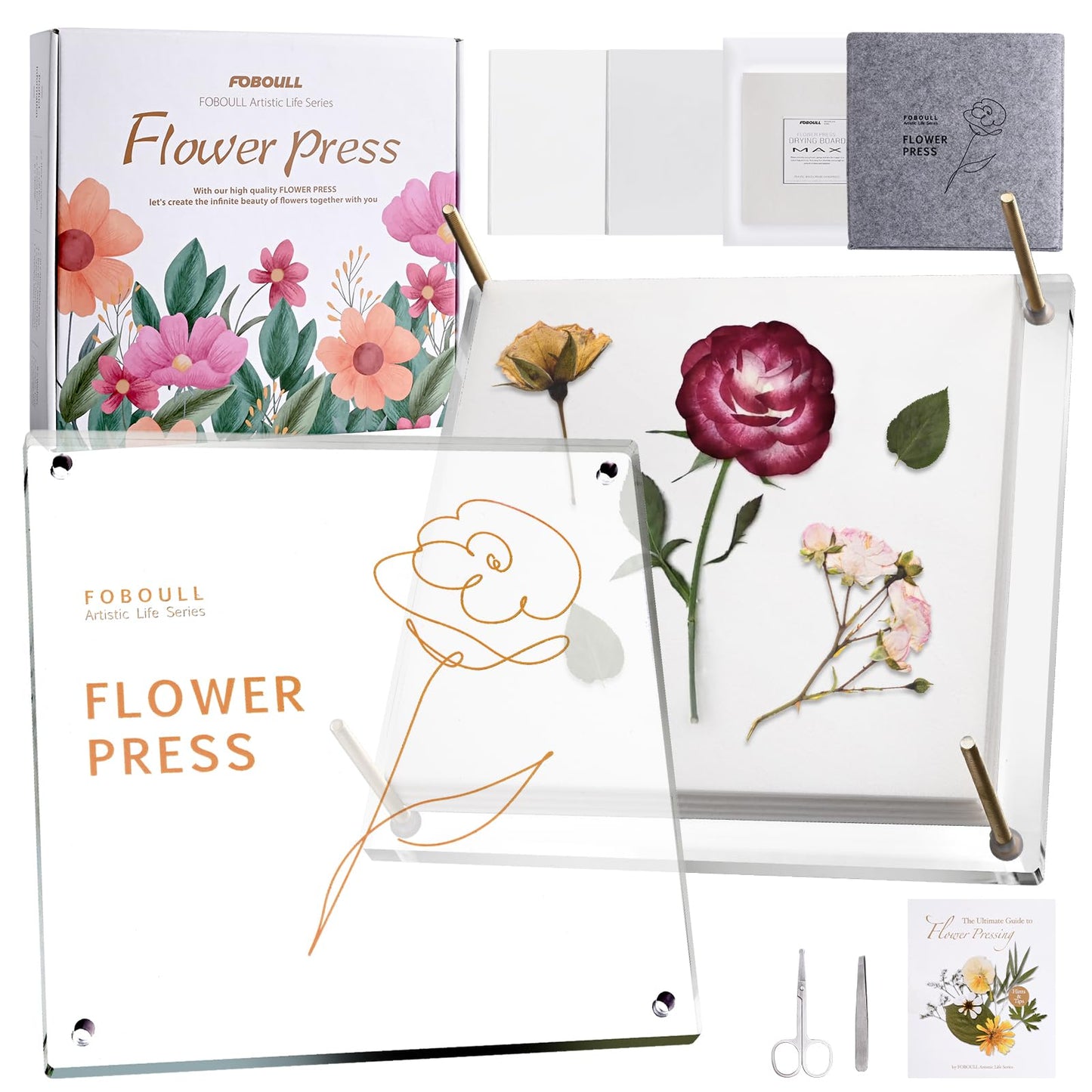 Foboull 10" x 10" Acrylic Flower Pressing Kit with Storage Bag and Detailed Instructions, Gift Flower Pressing Kit for Adults, DIY Plant Preservation
