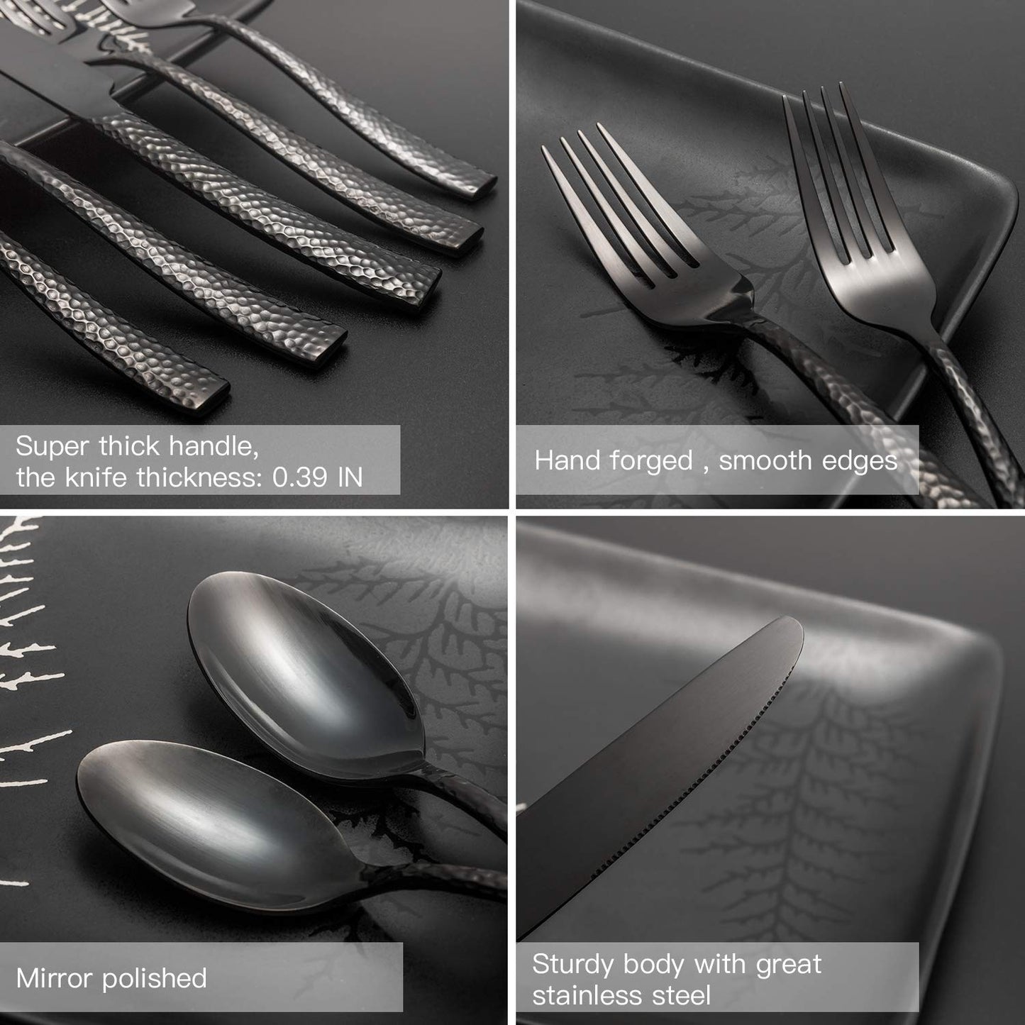 Kelenfer Flatware Set Silverware Set 20 Pieces Mirror Finished Black Stainless Steel Cutlery Set Forged with Hammered Handle Service for 4
