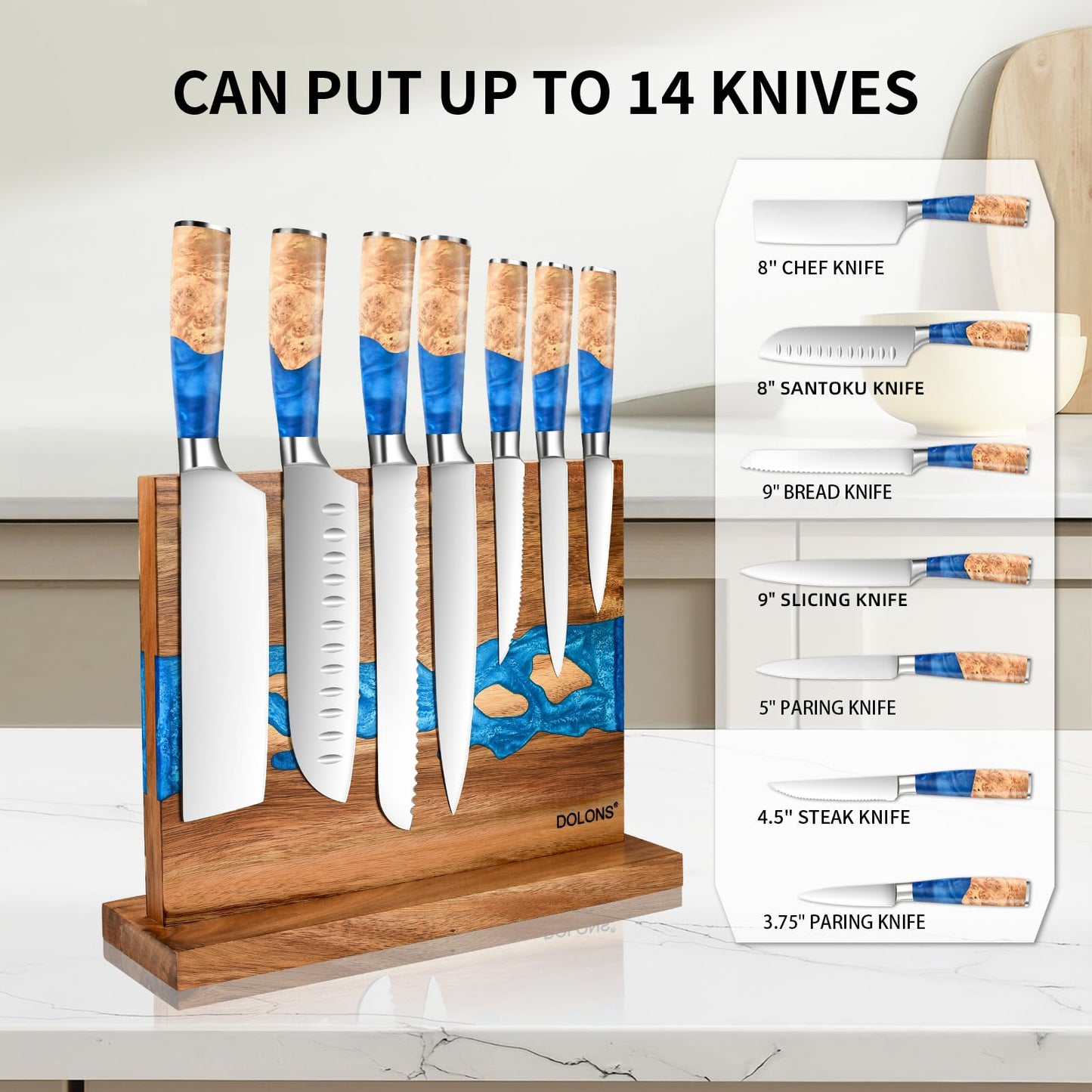 DOLONS Magnetic Knife Block,Acacia Wood And Resin Kitchen Magnetic Knife Holder，Equipped with strong magnets,Multifunctional Double Side Knife Storage Organizer for Kitchen Counter ，Gifts for new home