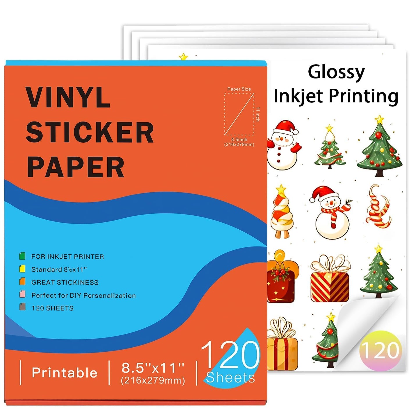 Ruibytree Printable Vinyl Sticker Paper for Inkjet Printer, 120 Sheets Glossy White 8.5 x 11 Inch, Waterproof, Quick Dry, Vivid Colors, Tear Resistant, for Cricut, Labels and DIY Crafts