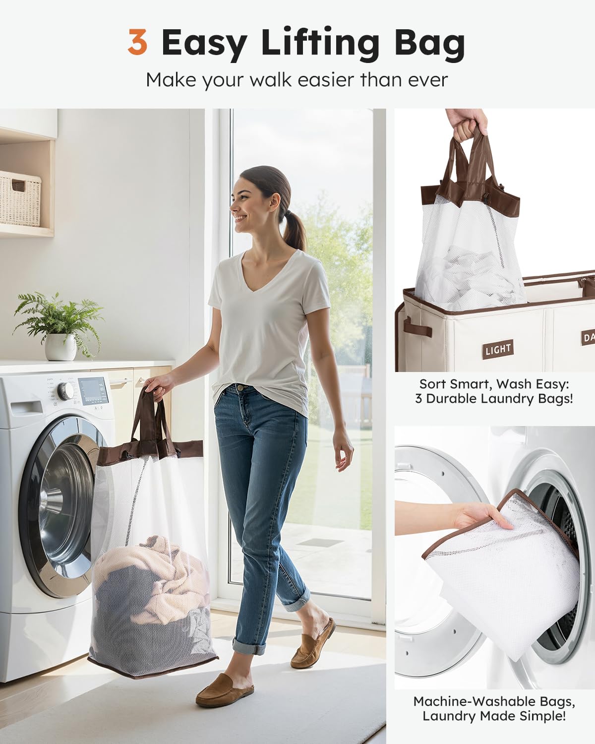 SOLEDI 200L 3-Section Laundry Hamper with Lid, Extra Large Dirty Clothes Basket with Sturdy Handles for Laundry Room & Bedroom - Durable Organizer for Sorting Laundry