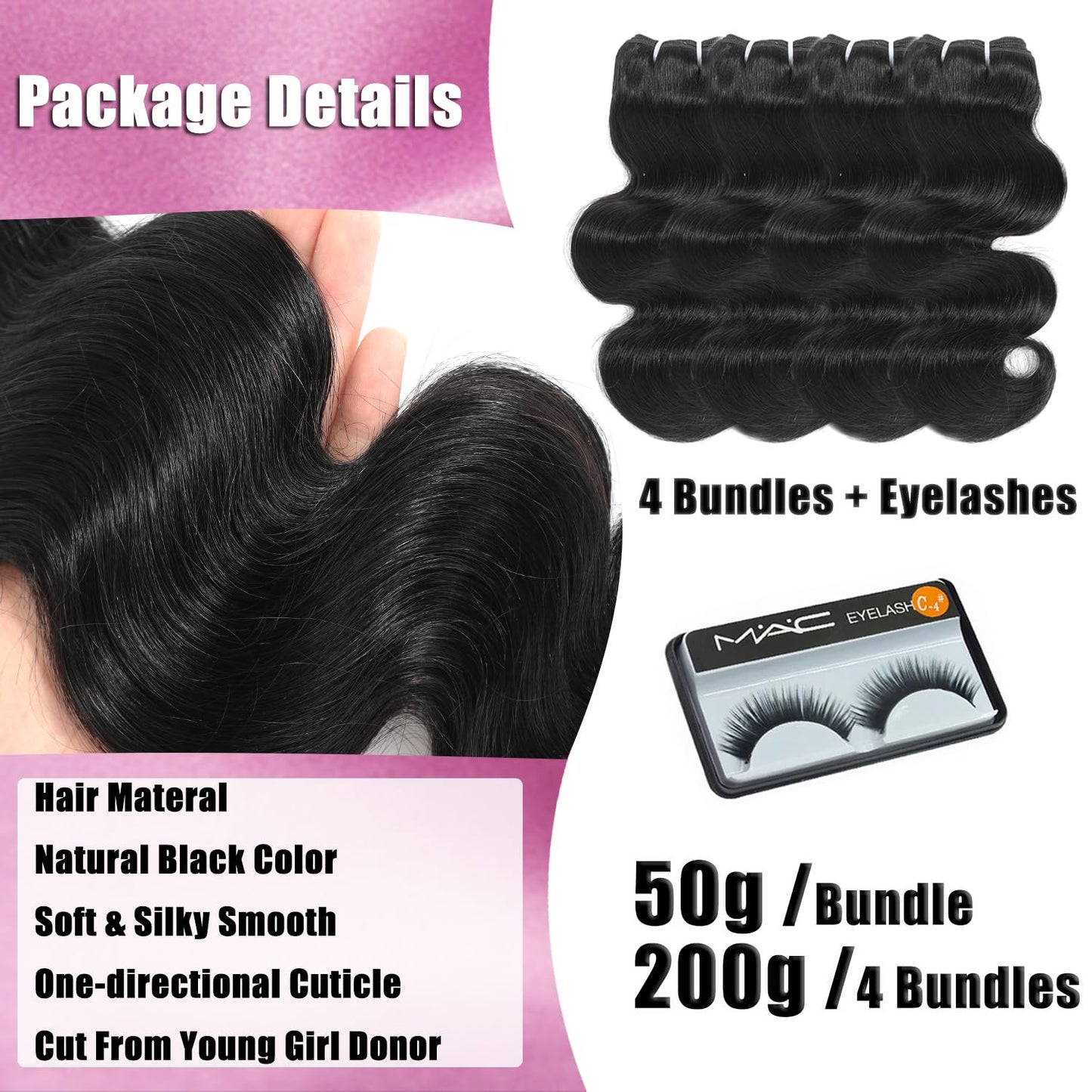 Body Wave Bundles Human Hair - 4 Bundles, 14/16 Inch, 100% Unprocessed Brazilian Virgin Hair Weave, Natural Black