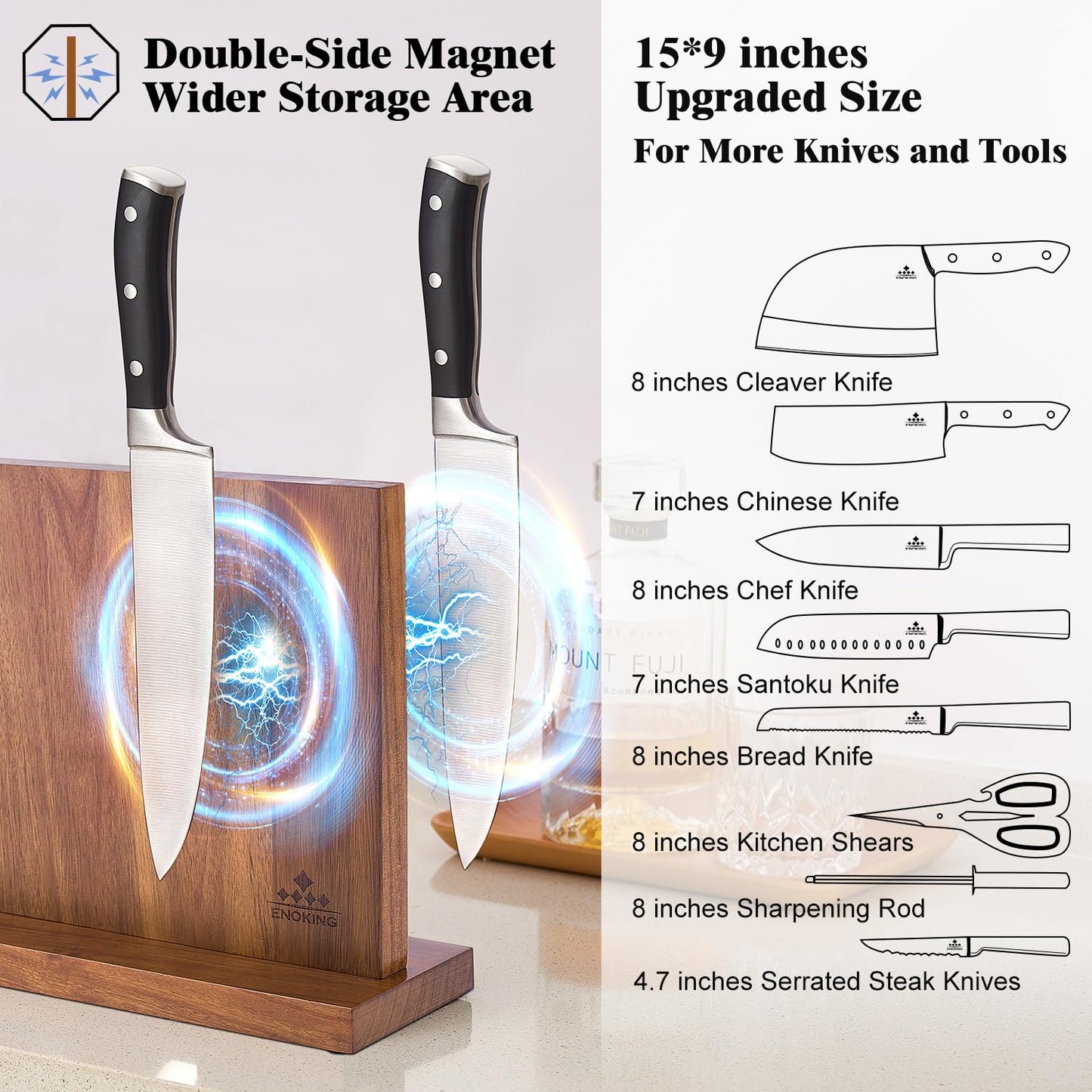 ENOKING Extra Large Magnetic Knife Block, 15.2-In Acacia Wood Knife Holder for Home Kitchen, Universal Knife Holder Stand with Strong Enhanced Magnets for Safe and Multifunctional Knife Storage