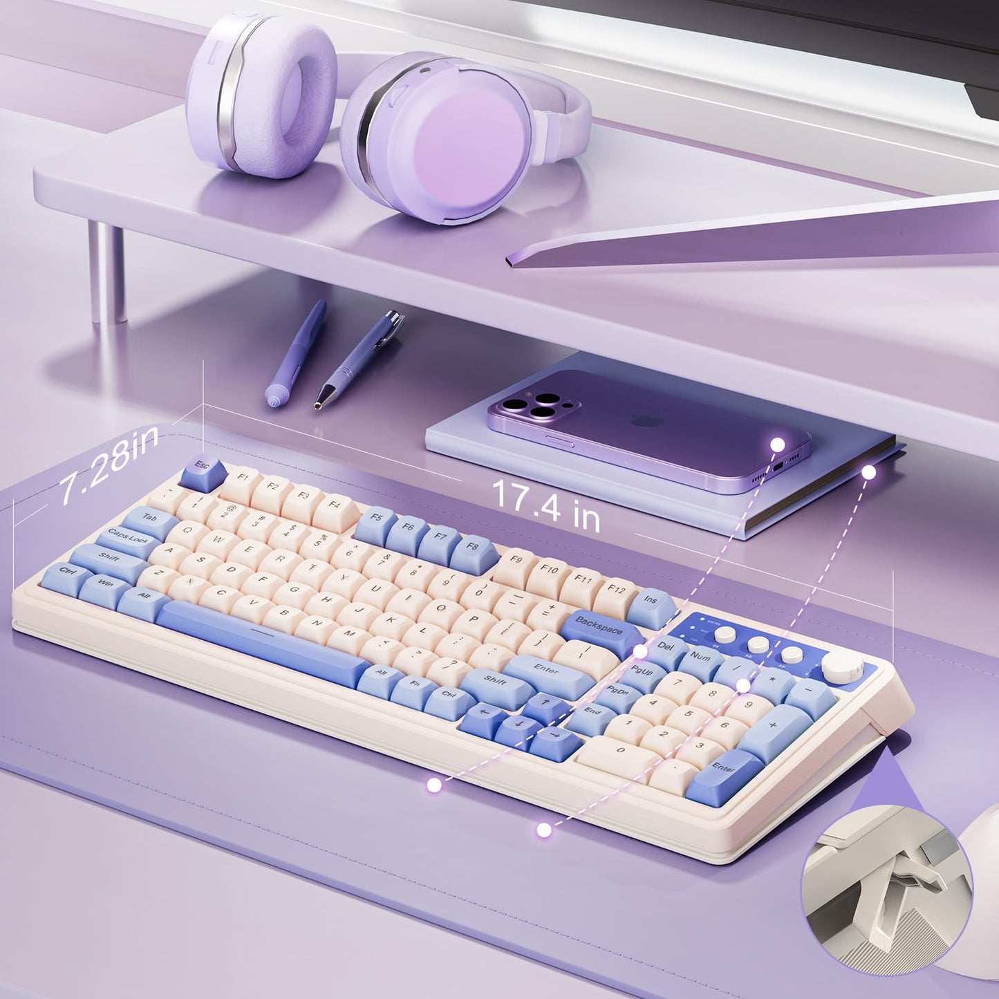 AULA 99 Key Keyboard, Tri-Mode Bluetooth/2.4GHz/USB-C Cute Creamy Gaming Keyboard with Number Pad RGB Backlit, Media Knob Custom Mechanical Feel Computer Keyboards for MAC Xbox PC Gamer - Purple