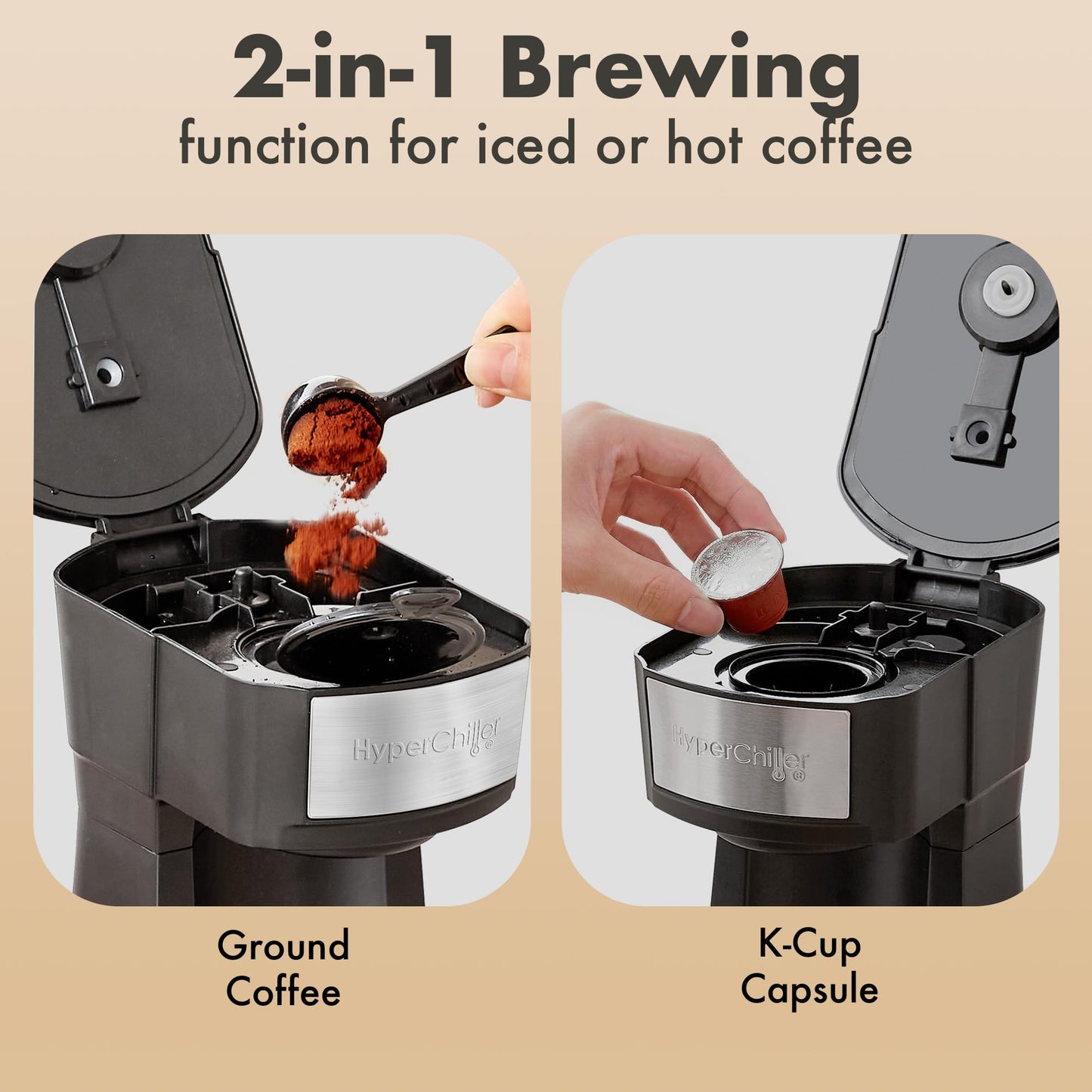 Elite Gourmet HyperChiller EHC210N Iced/Hot Coffee Maker, K-Cup or Coffee Grounds, 8, 10 or 12oz Pours, Removable K-Cup Holder and Reusable Mesh Filter, Drip tray, Black/Stainless-Steel