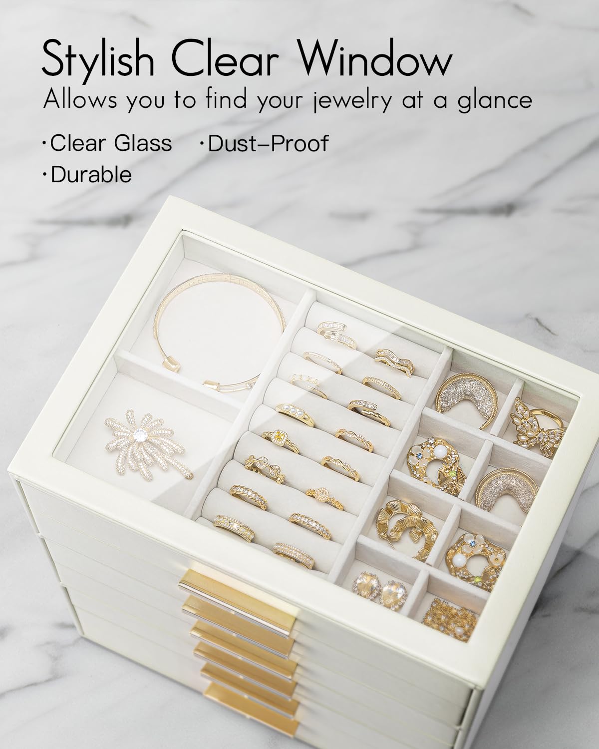 VLANDO 6 Layer Jewelry Box for Women, Glass Lid Jewelry Organizer with 6 Drawers for Necklaces Rings Earrings Bracelets - Cloud White