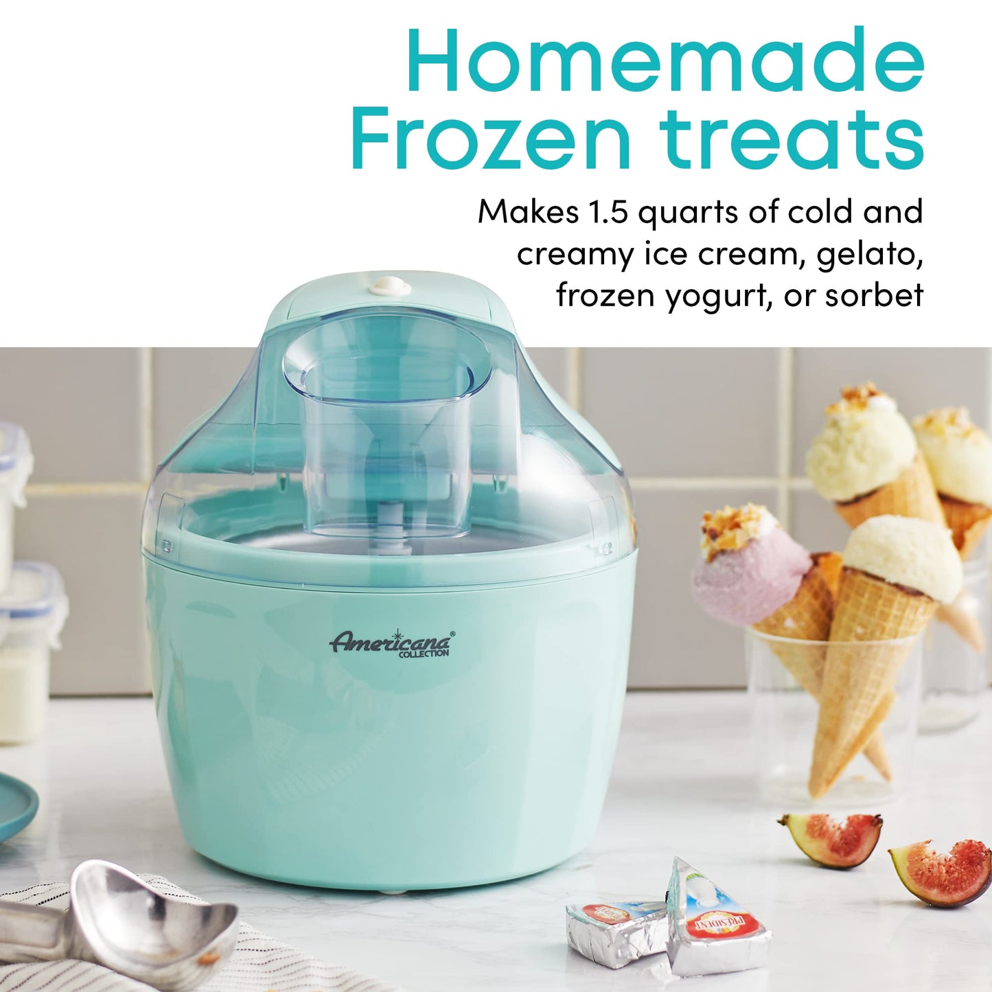 Americana Collection Elite EIM-1432M 1.5 Quart Automatic Easy Homemade Electric Ice Cream Maker, Frozen Yogurt, Sorbet, Gelato Treat, with Recipes, Mint