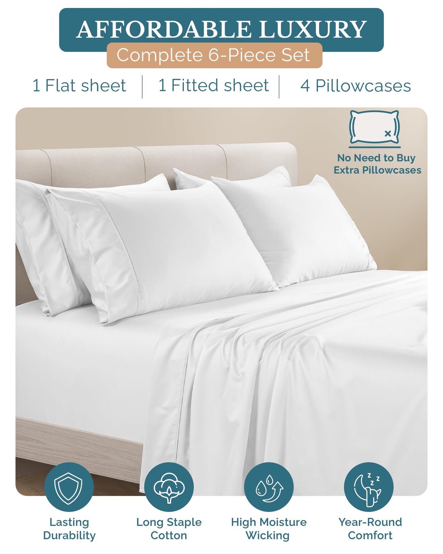 Casa Platino Queen Sheet Set, 6 Piece 100% Cotton Bed Sheet Set with 500 Thread Count Buttery Soft Sateen Finish, Long-Lasting and Lightweight, 15 Inch Deep Pocket Queen Sheets – Pure White