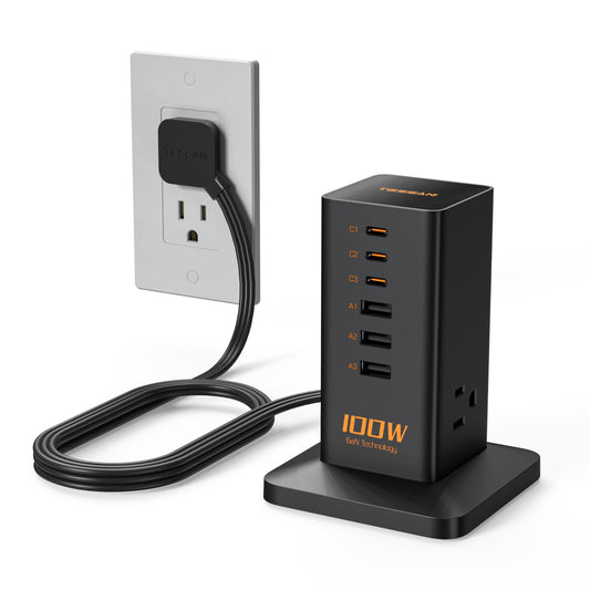 Charging Station PD 100W, TESSAN 9-in-1 USB C Power Strip for iPhone 16/15, MacBook, Tablet, Desktop Phone Fast Charger with 3 AC, 3 USB-A Ports, Home Drom Office Accessories