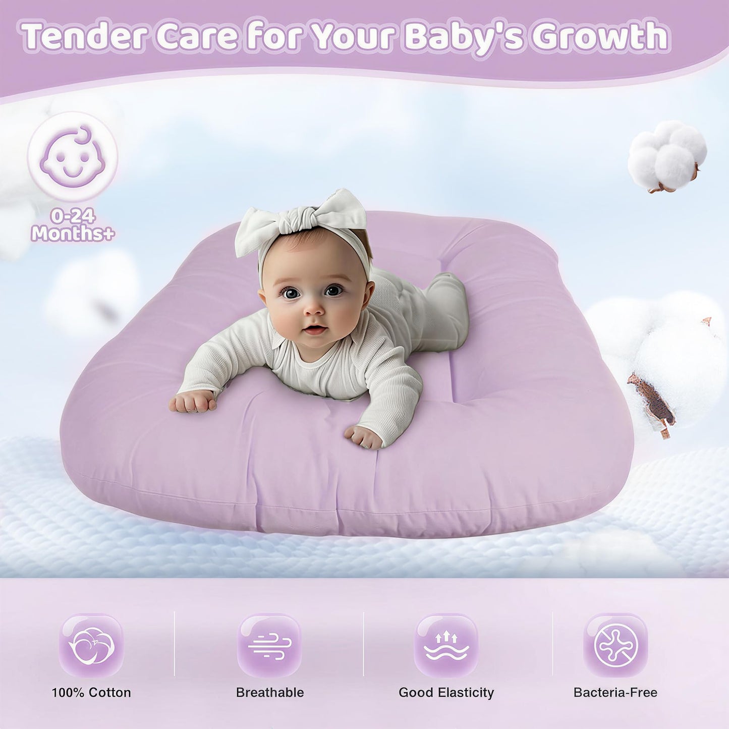 Cpzzkq Infant Support Cushion - Baby Support Cushion for Newborn, 0-24 Months, Portable Tummy Time Mat for Home and Travel, Soft Cotton, Supervised Use, Baby Essentials Gift, Purple (Cover Included)