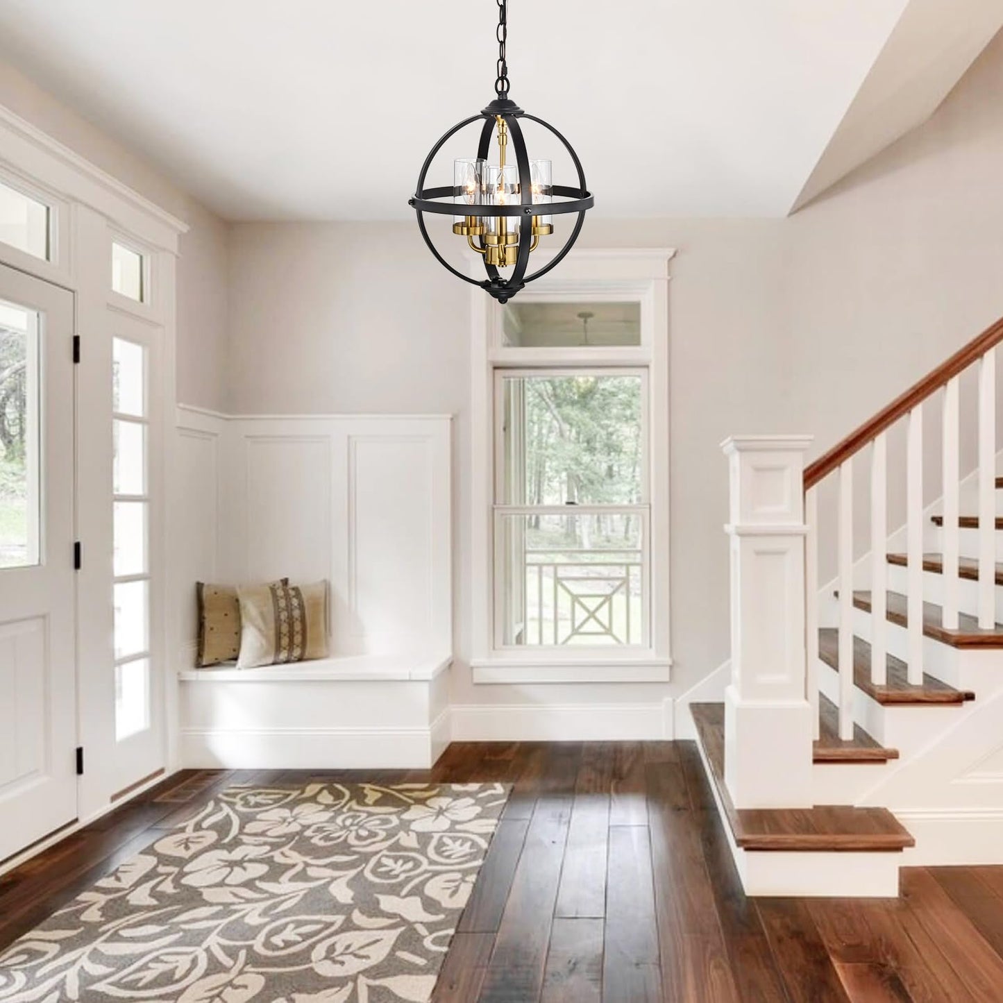 Treekee Rustic Chandelier, 14" Farmhouse Globe Orb Pendant Light, Vintage Black and Gold 3-Light E12 Adjustable Ceiling Hanging Fixture for Kitchen, Dining Room, Living Room, Bedroom, Entryway, Foyer