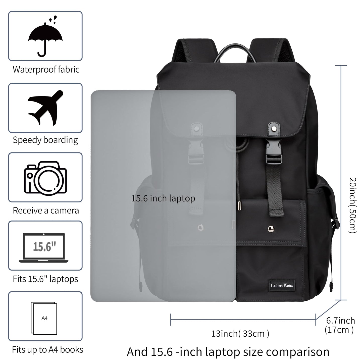 Colins Keirs Black backpack men, 16 inch laptop backpack for men, Drawstring anti-theft waterproof tech backpack with laptop compartment, Large 30 L