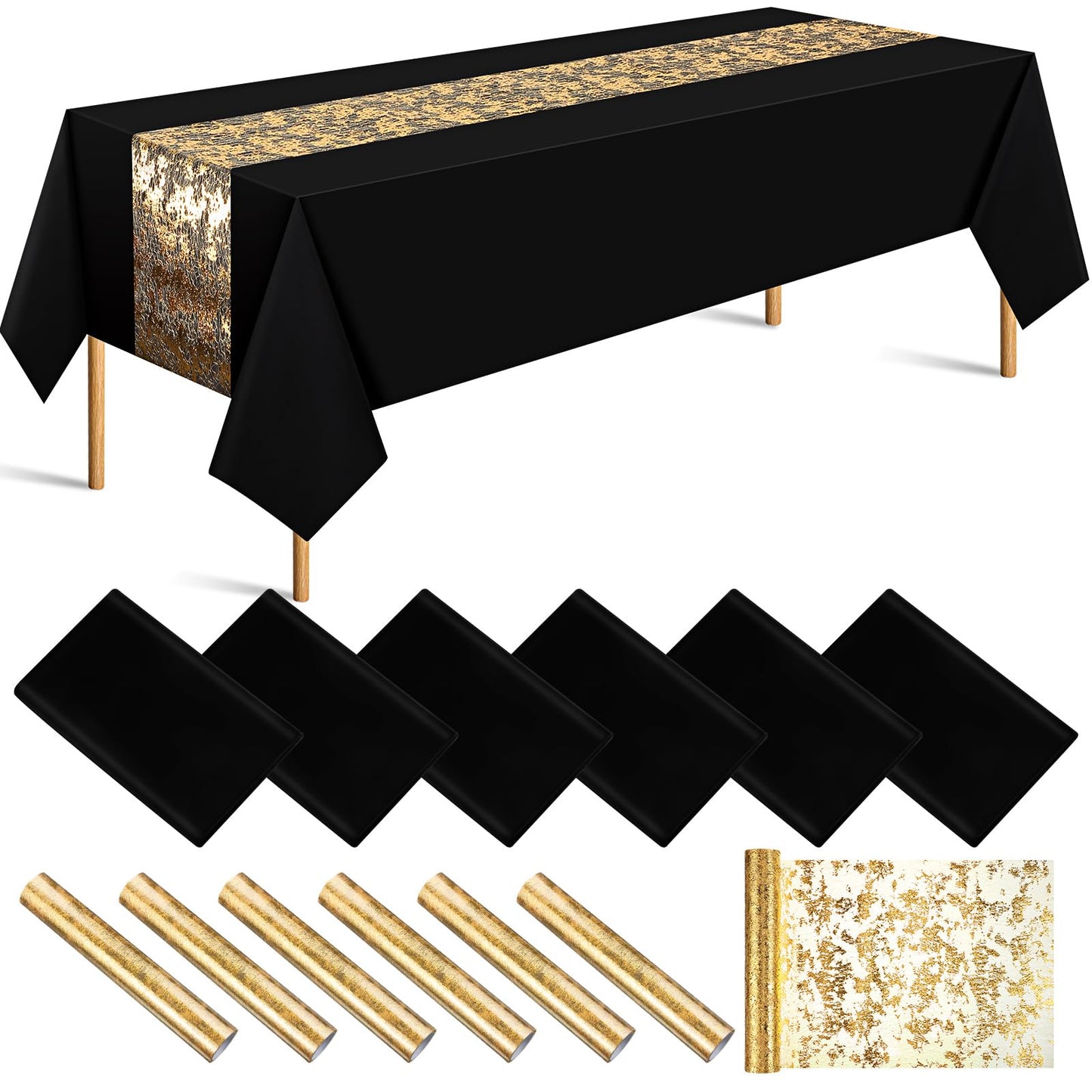 Peryiter 12 Polyester Rectangle Tablecloth 60 x 102'' and Sequin Gold Table Runner, Decorative Fabric Waterproof Table Cover Set for Christmas New Year Wedding Dinner Anniversary Party(Black)