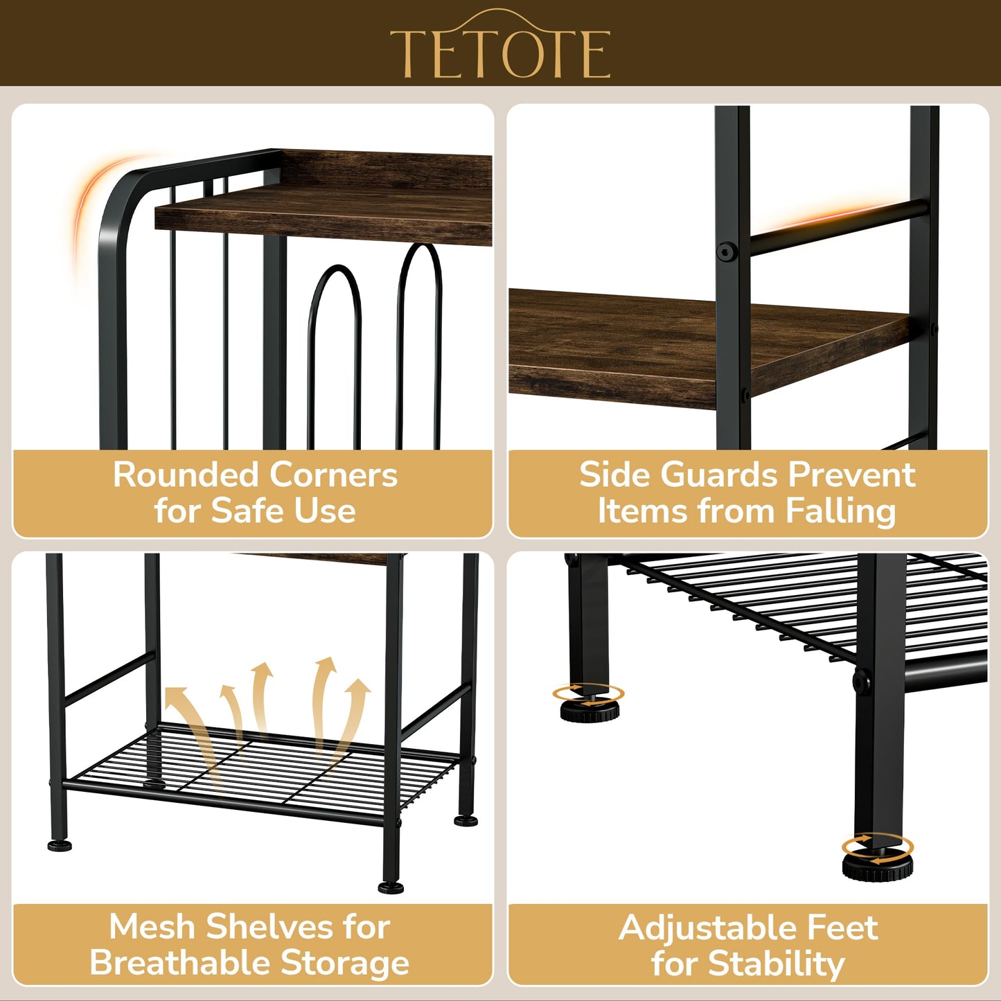 TETOTE 4-Tier Towel Rack, M-Shaped Detachable Dividers Towel Shelf with Hooks for Bathroom, Free Standing Pool Towel Holder Space-Saving Organizer, Rustic