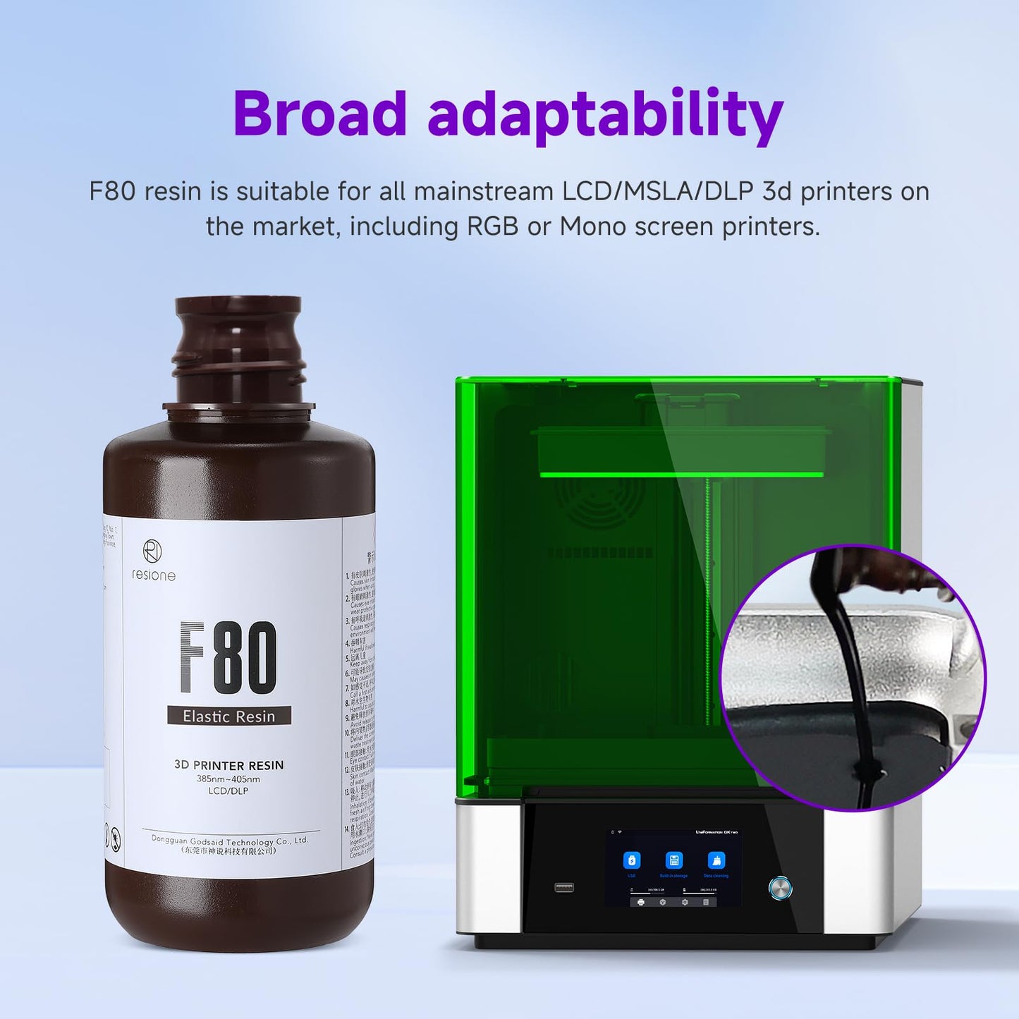 RESIONE 3D Printer Resin, F80 Elastic 405nm UV-Curing Printing Liquid with High Elongation at Break High Resilience Photopolymer Resin for LCD DLP MSLA 3D Printing (Black, 1000g)