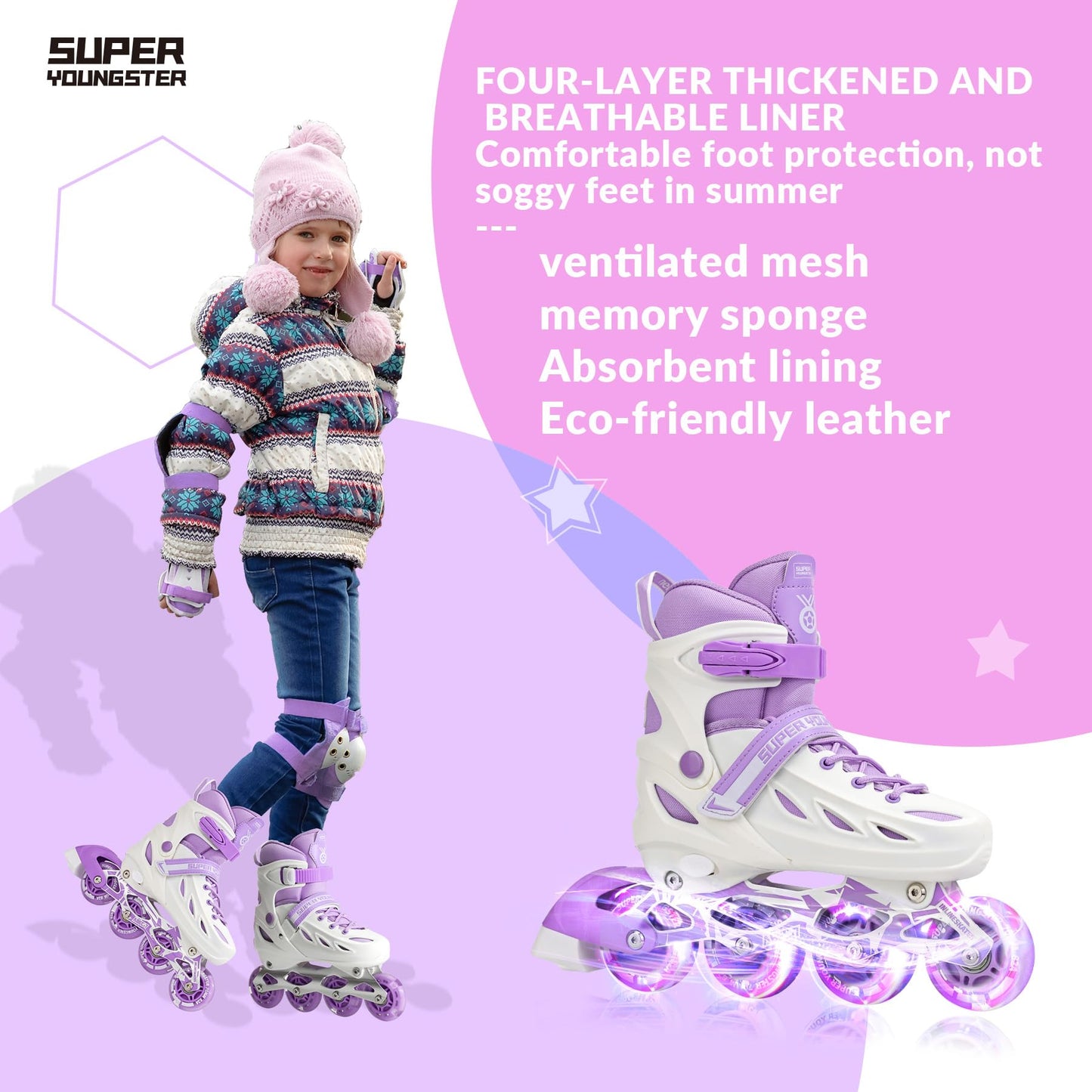 SUPER YOUNGSTER Adjustable Inline Skates for Boys Girls Ages 4-12 with Light Up Wheels, Roller Skates Blades for Youth Kids Indoor & Outdoor Beginners