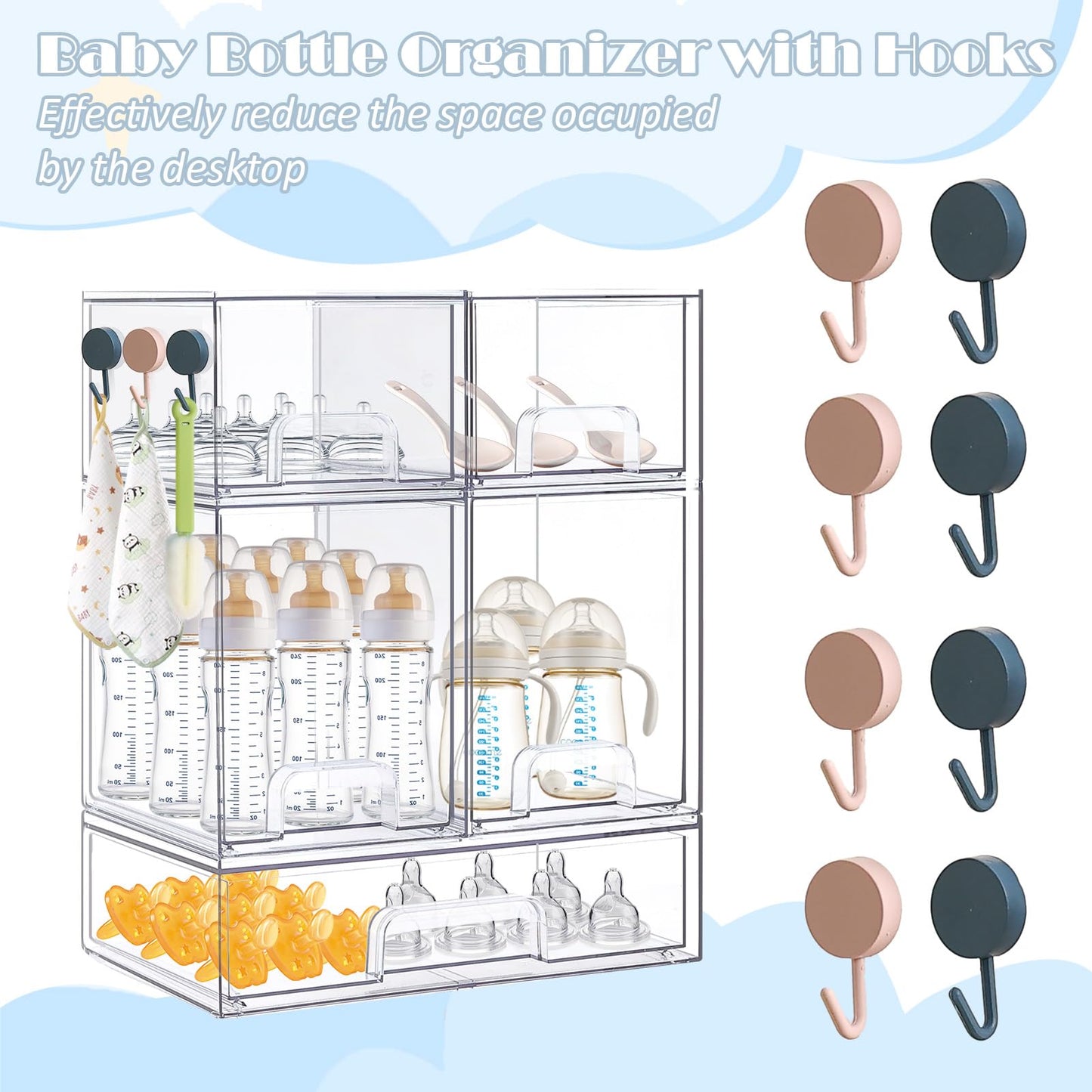 zebrater Baby Bottle Organizer-5 Pack Stackable Storage Drawers, Baby Organizers and Storage with Hooks, Clear Acrylic Multipurpose Bottle Storage for Countertop,Kitchen,Cabinet,Vanity,Bathroom