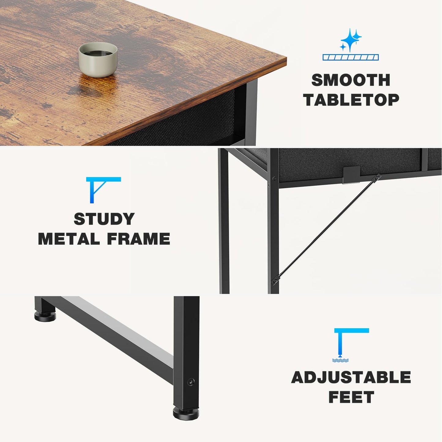 Sweetcrispy Computer Desk Small 32 Inch Home Office Bedroom Writing Study PC Table with Fabric Storage Drawers Space Side Bag Headphone Hook Adjustable Feet Modern Simple Style, Rustic Brown