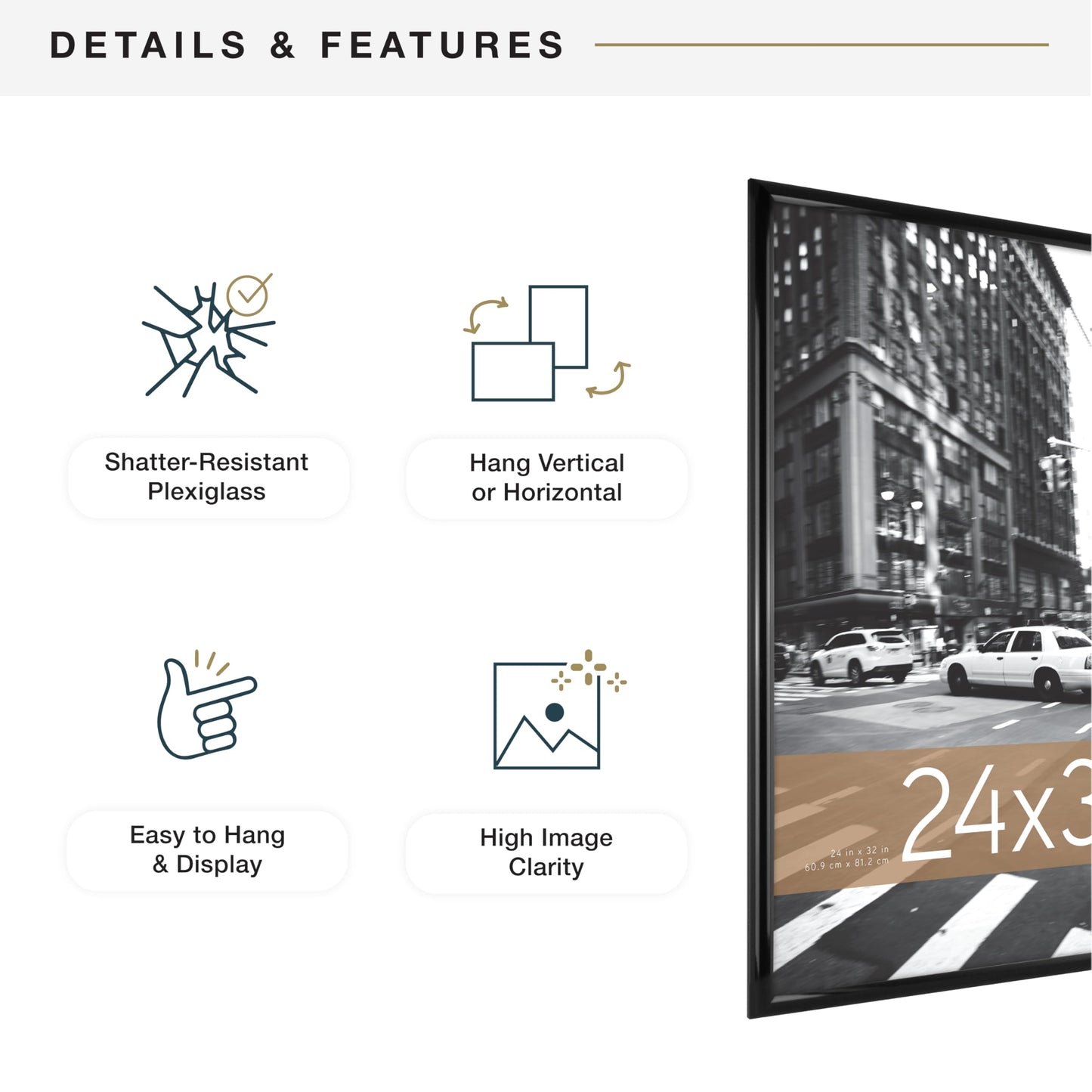 MCS Trendsetter 24x32 Poster Frame Black High-Gloss, Vertical & Horizontal Wall Hanging Large Picture Frame for Photos, Posters & Art Prints (1-Pack)