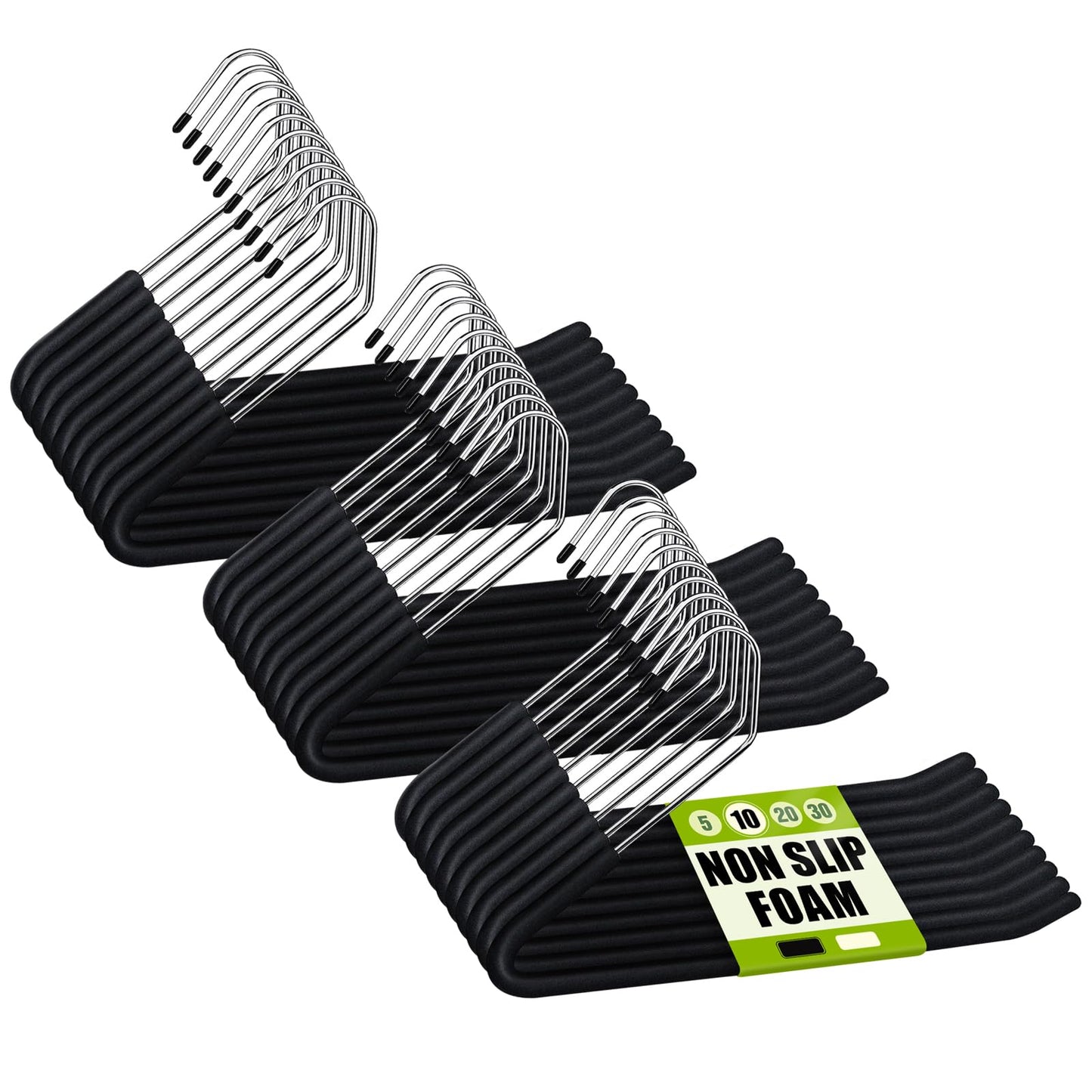 Spring Fever Open Ended Non Slip Sponge Padded Pants Hangers - Chrome Plating Foam Heavy Duty Space Saving Black 30