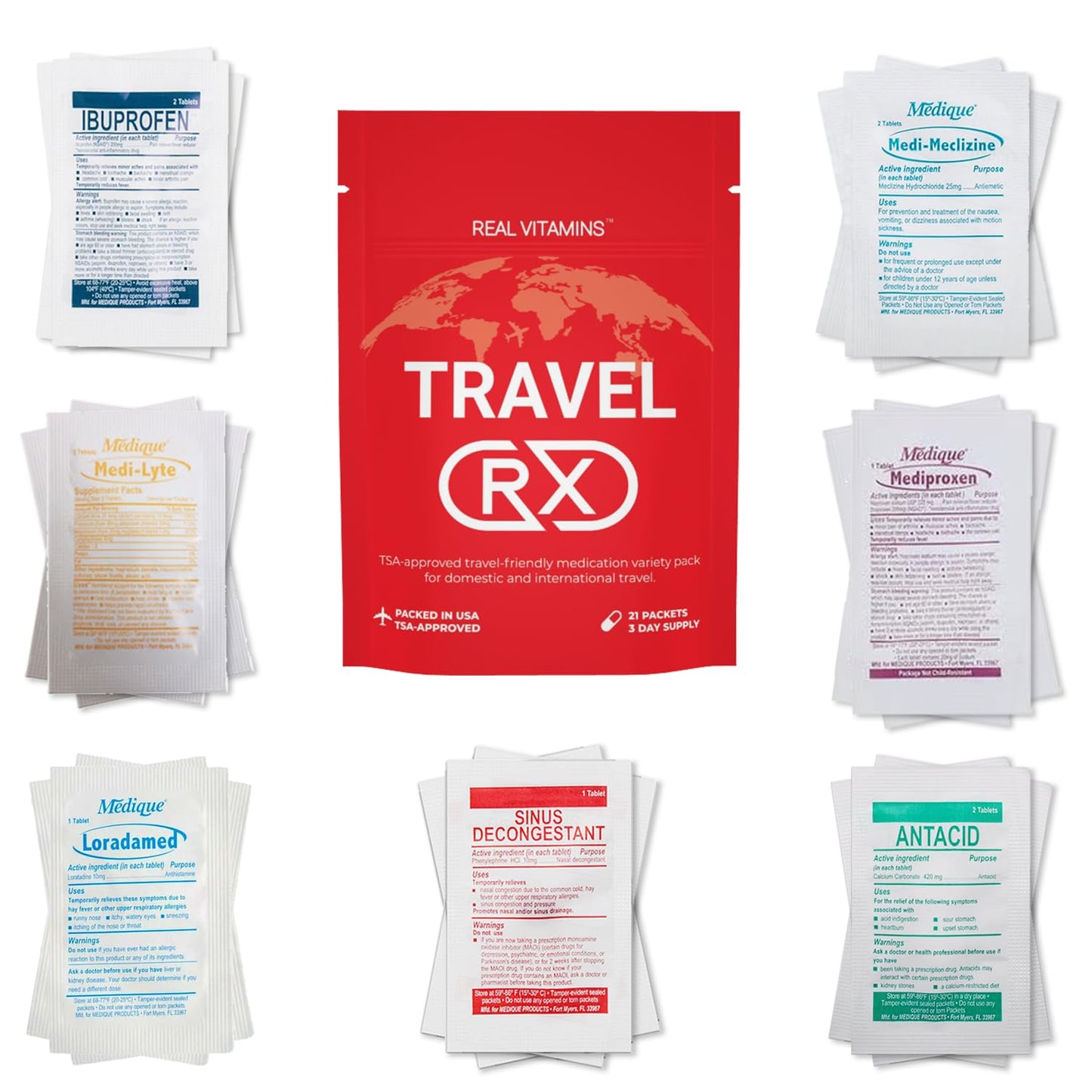 Real Vitamins Travel RX - 63 PCS TSA-Approved Travel Medicine Variety Pack with Resealable Bag for Indigestion, Motion Sickness & More, Travel Essential OTC Medicine Pack (3 Kits)