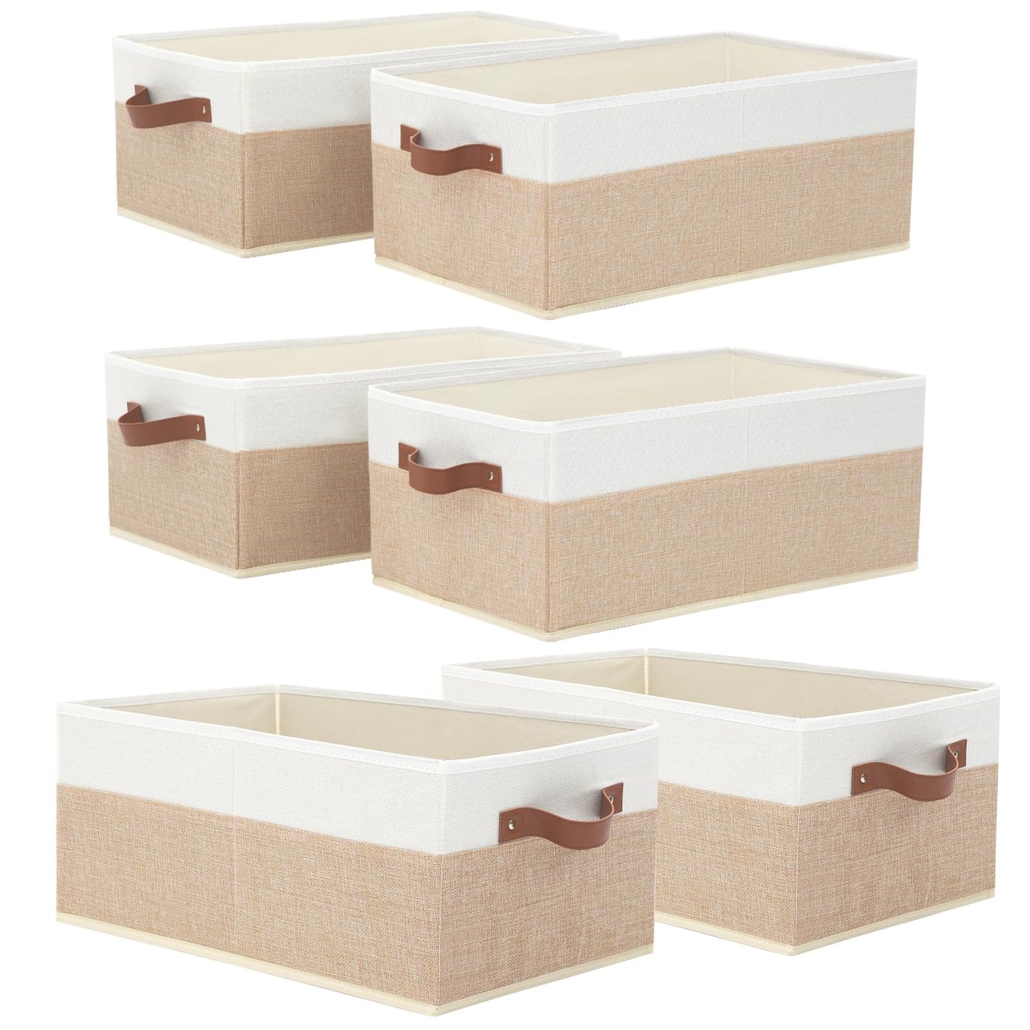 6 Pack Fabric Storage Bins, Large Storage Baskets for Shelves, Foldable Closet Organizer Storage Boxes with Leather Handles for Clothes, Sheets, Jeans, Toys, Books (Beige and White)