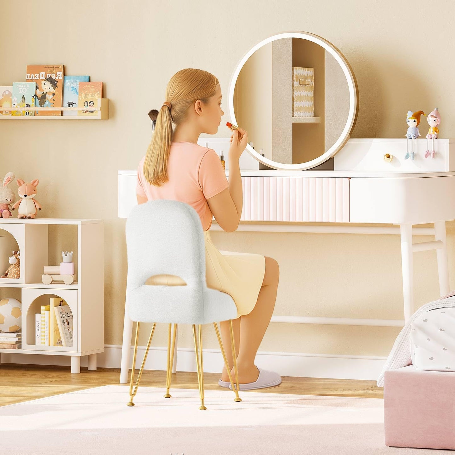 GREENSTELL Vanity Stool Chair with Storage and Folding Back, 13.4" x 15" x 30" Square Faux Fur Soft Ottoman, 4 Metal Legs with Anti-Slip Feet, Furry Padded Seat for Makeup, Bedroom, White