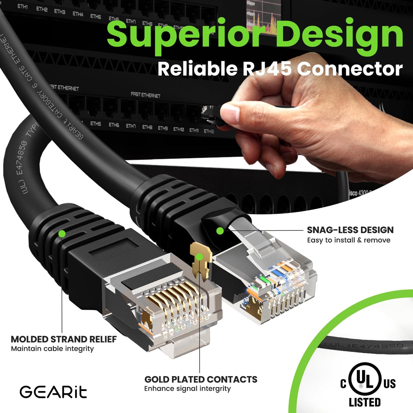 GEARit Cat 6 Ethernet Cable (10-Pack 15 Feet) Cat6 Network Patch, 10Gbps, RJ45, Snagless Cord, Gold-Plated Connectors, Internet for PC, TV, Tablet, Router, Printer, Servers, IT Data Center - Black