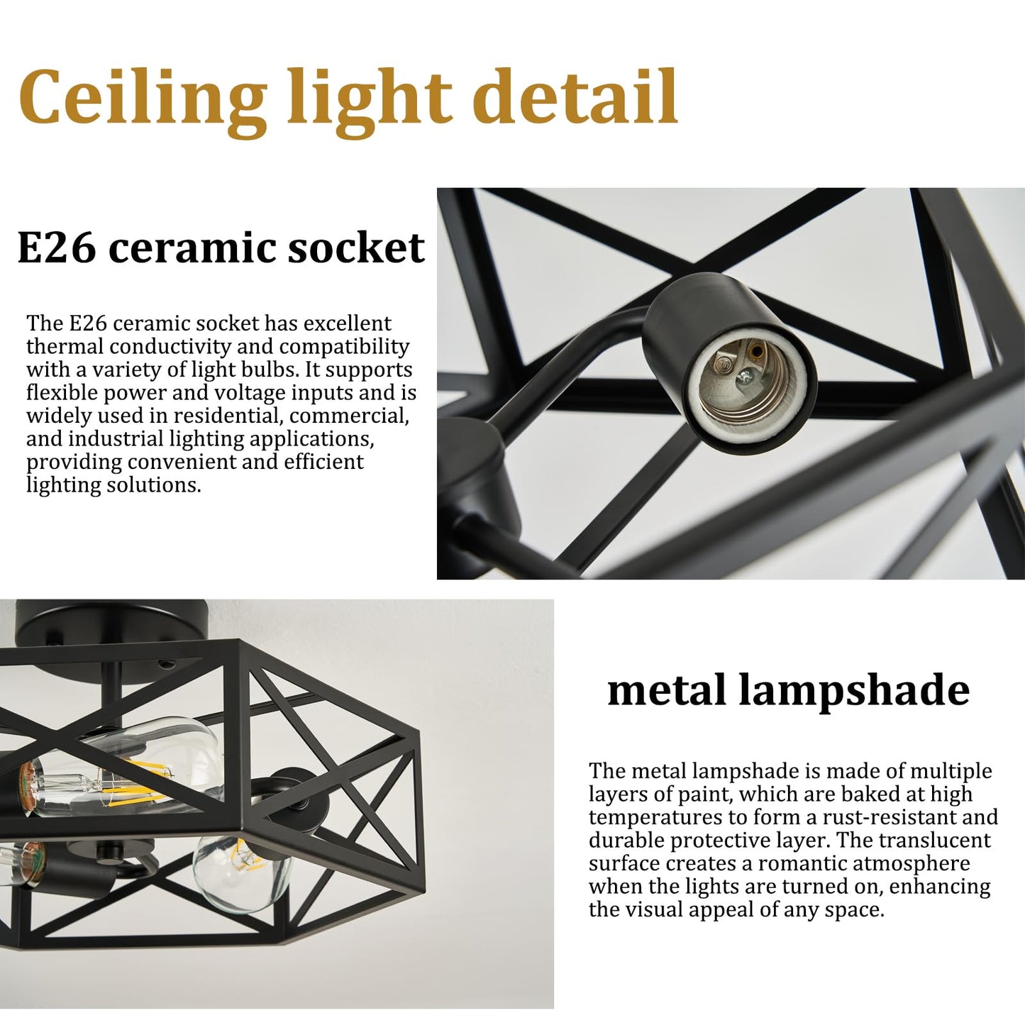 Bwxcie Modern Farmhouse Black Ceiling Light,Industrial Semi Flush Mount Ceiling Lighting Fixture,Hexagonal Lighting Fixtures for Kitchen,Bedroom,Foyer,Dining Room,Hallway,3-Light,14.6 Inch