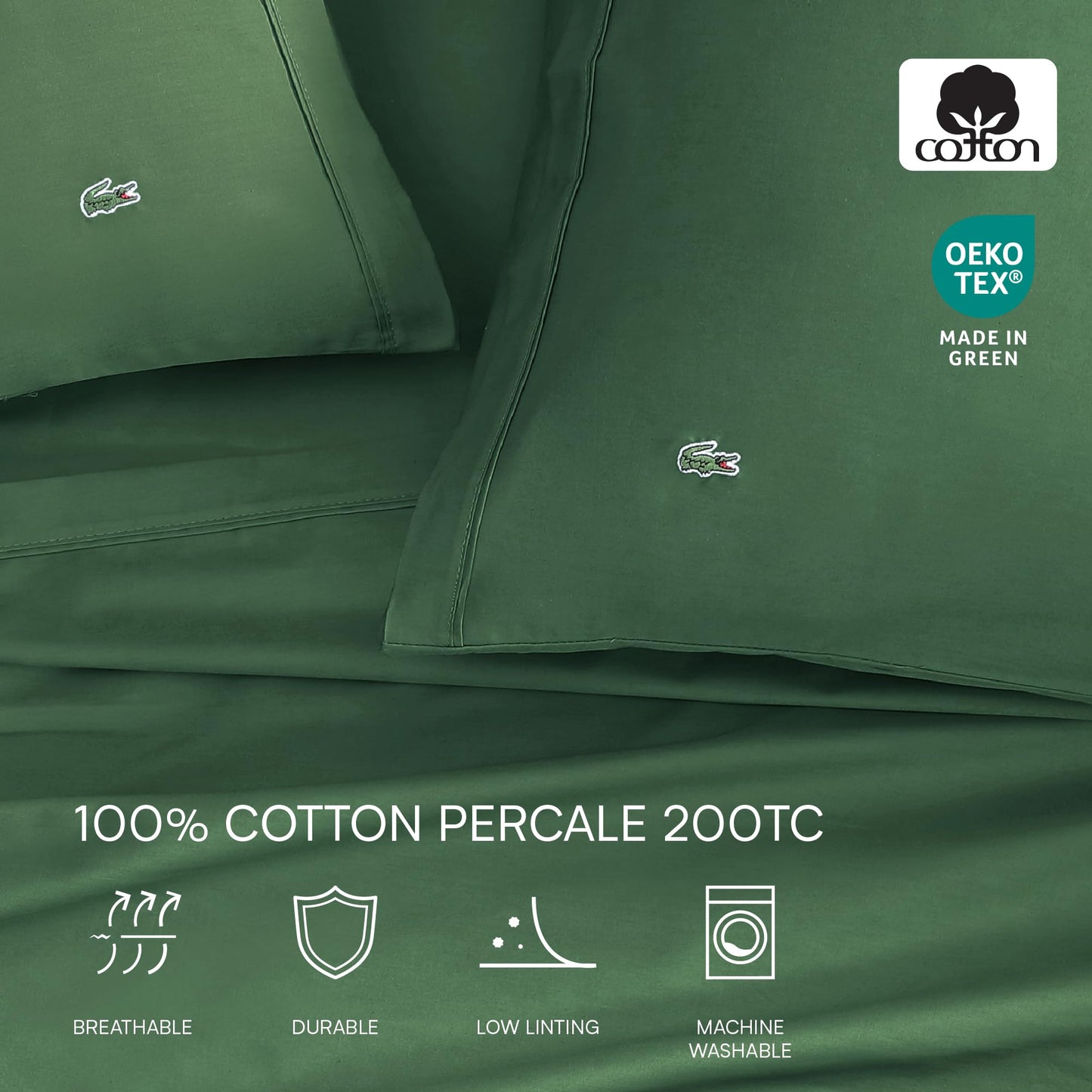 Lacoste 100% Cotton Percale 4-Piece Sheet Set – Crisp Cool Breathable All-Season Bedding, Oeko-Tex Certified, Soft Matte Finish, Durable Premium Cotton – Solid, Green, Queen
