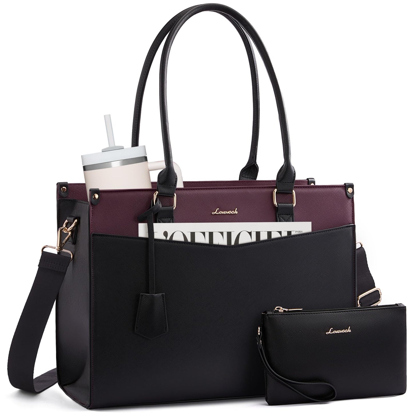 LOVEVOOK 15.6 inch Laptop Bag for Women, 2-in-1 Multi-Pocket Leather Tote Purse with Elegant Clutch & Cup Holder, Waterproof Large Structured Capacity Work Briefcase for Office Travel, Wine Red-Black