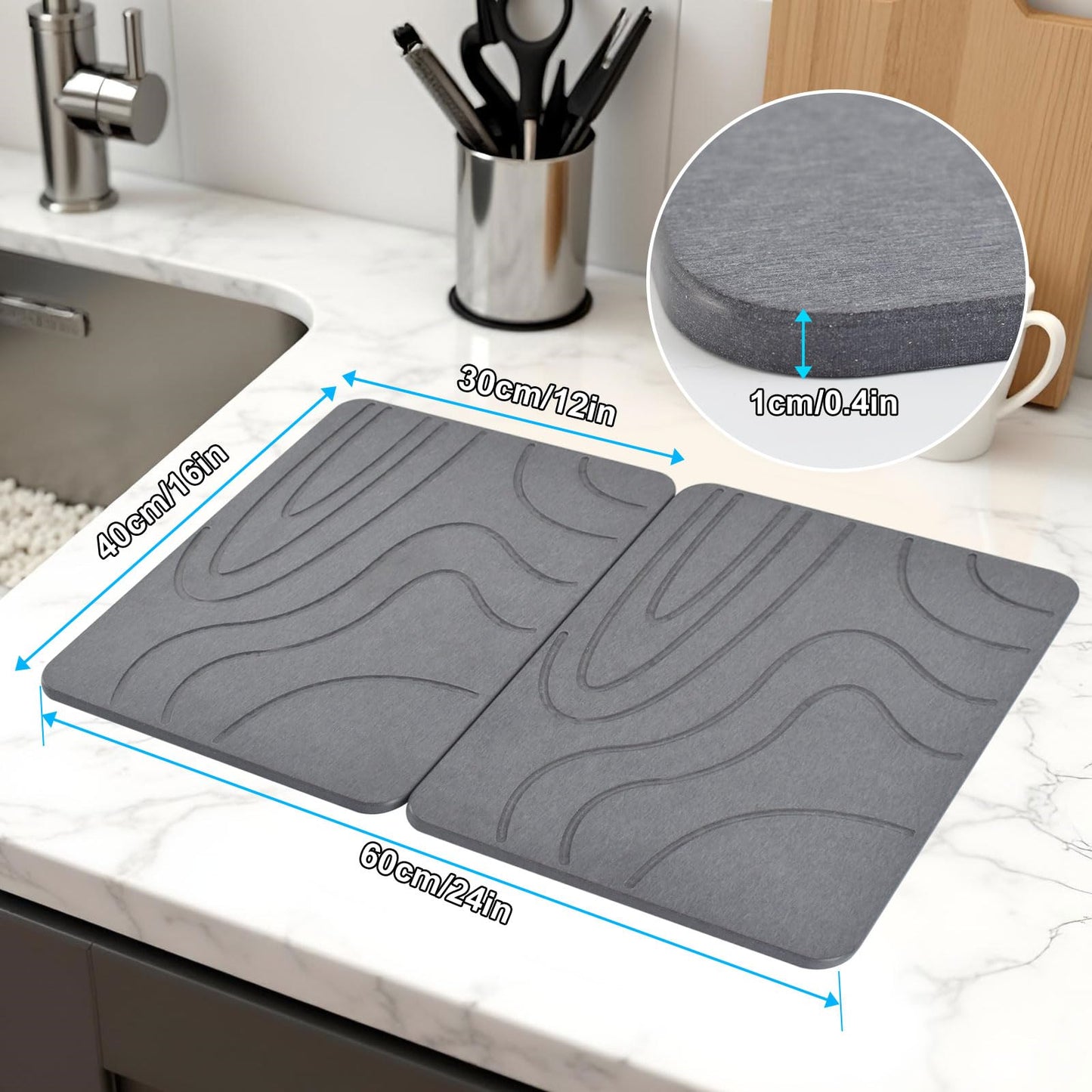 2Pack Stone Drying Mat for Kitchen Counter,16''x12'' Quick Dry Stone Mat Kitchen,Double-sided Diatomaceous Earth Design Stone Drying Mat, No Water Accumulation Dish Drying Stone (Curved Stripes)