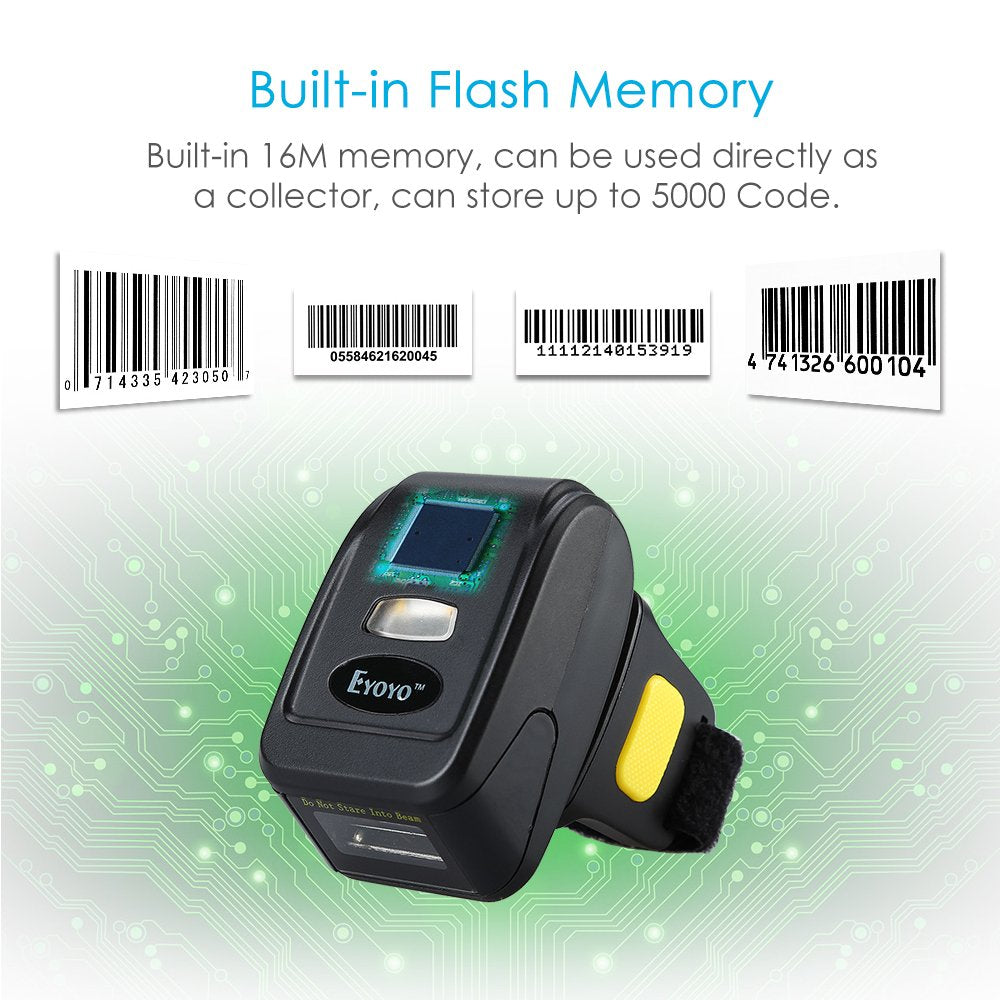 Eyoyo 1D Wireless Ring Barcode Scanner, Compatible with Bluetooth Function & 2.4GHz Wireless & Wired Connection, Portable Wearable Mini Finger Bar Code Reader Work with Windows, Mac OS, Android 4.0+,