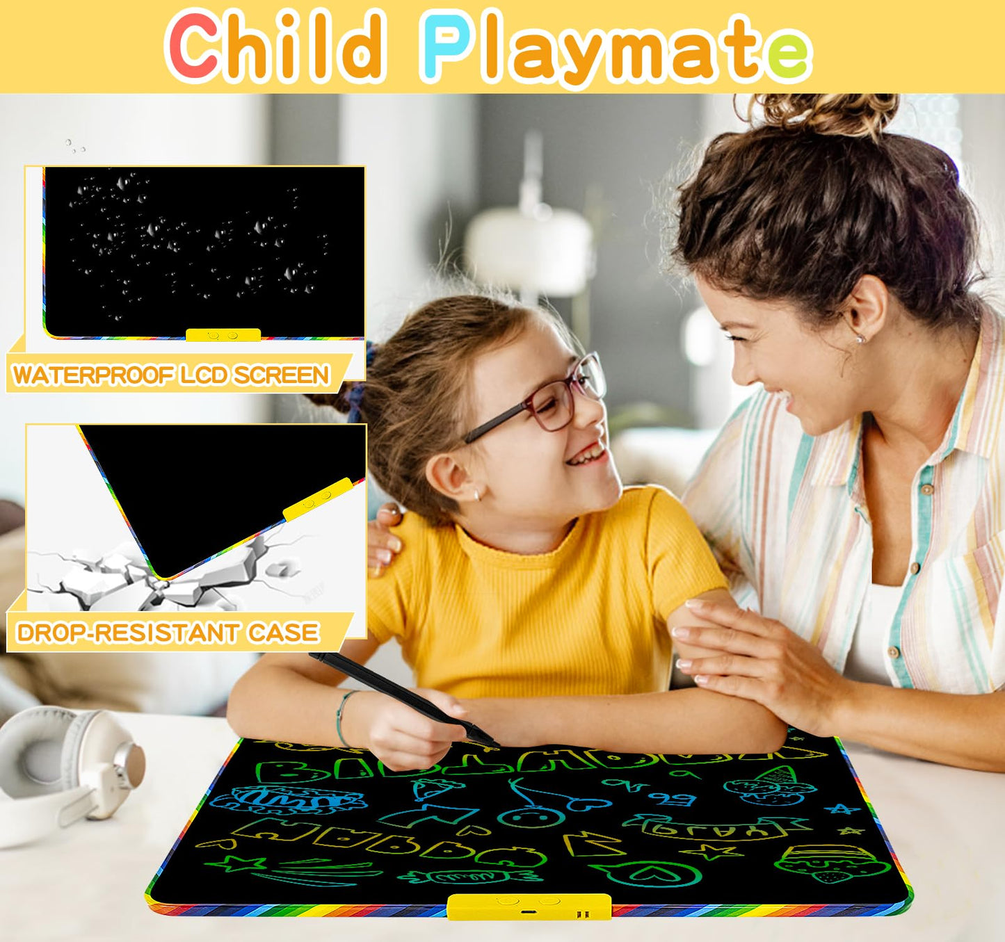 LCD Writing Tablet for Kids 16 Inch, Educational Drawing Board with Magnetic Whiteboard Back, Includes 3 Markers and Tangram Puzzle, Birthday Gift for Ages