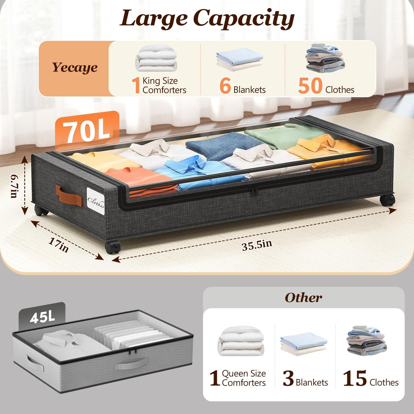 Yecaye 70L Under Bed Storage with Wheels, 2Pack Larger Capacity Under Bed Storage Containers, Underbed Shoe Storage Organizer, Rolling Under Bed Metal Drawers for Clothes, Blankets(35.5 x 17 x 6.7in)