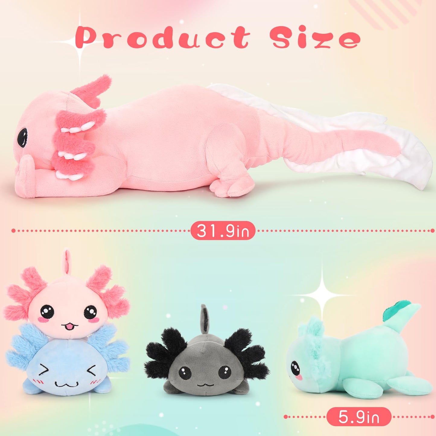 Tezituor Giant Axolotl Stuffed Animal with 4 Babies,31.5" Luminous Axolotl Plush Pillow Toy Realistic Soft Axolotl Plushies Birthday Gifts for Boys Girls