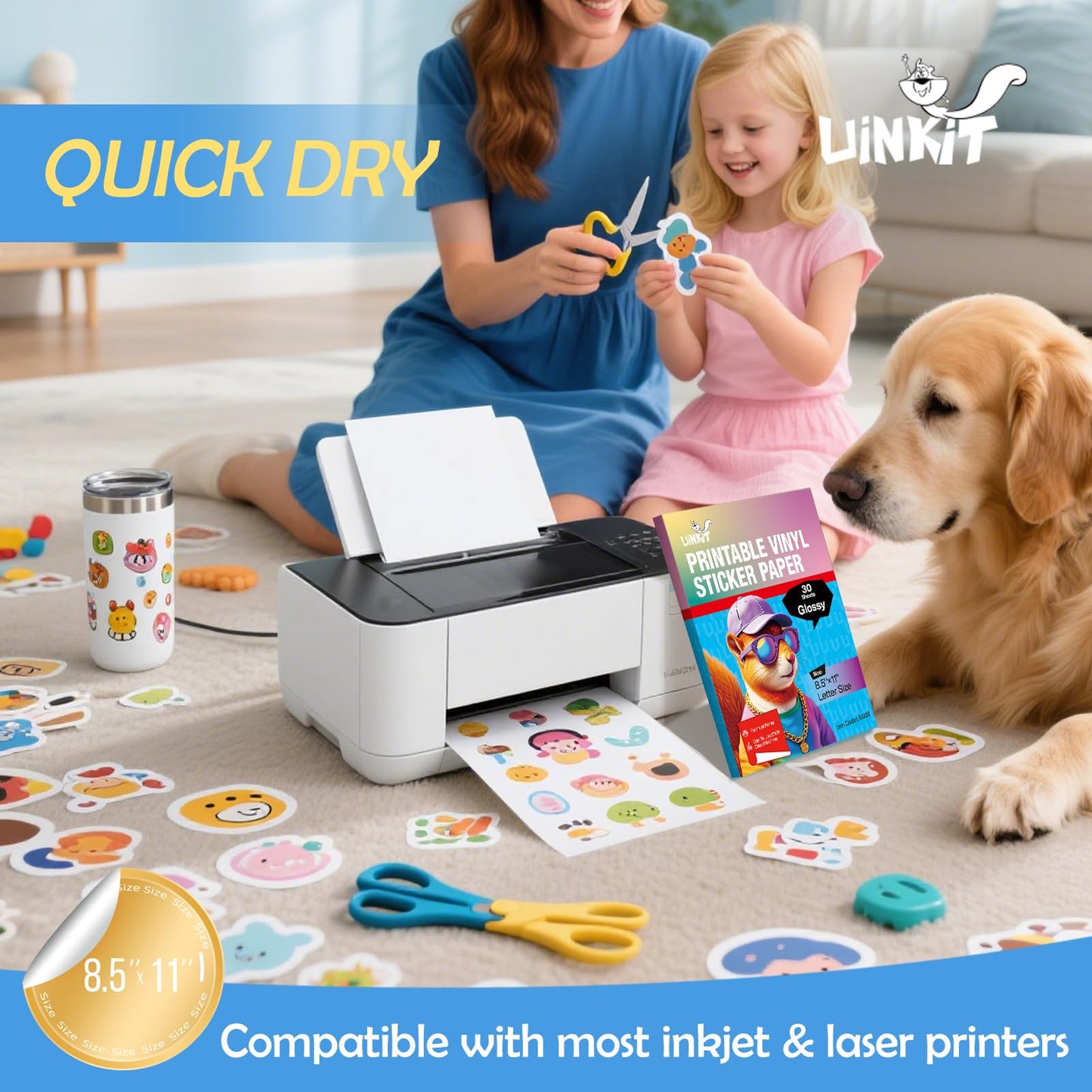 Uinkit 200 Sheets Premium Glossy Printable Vinyl Sticker Paper for Inkjet & Laser Printers - Waterproof, Quickly-Dries for World Cup Sticker & Pet Photos & Kids Crafts, Tear-Resistant Decals