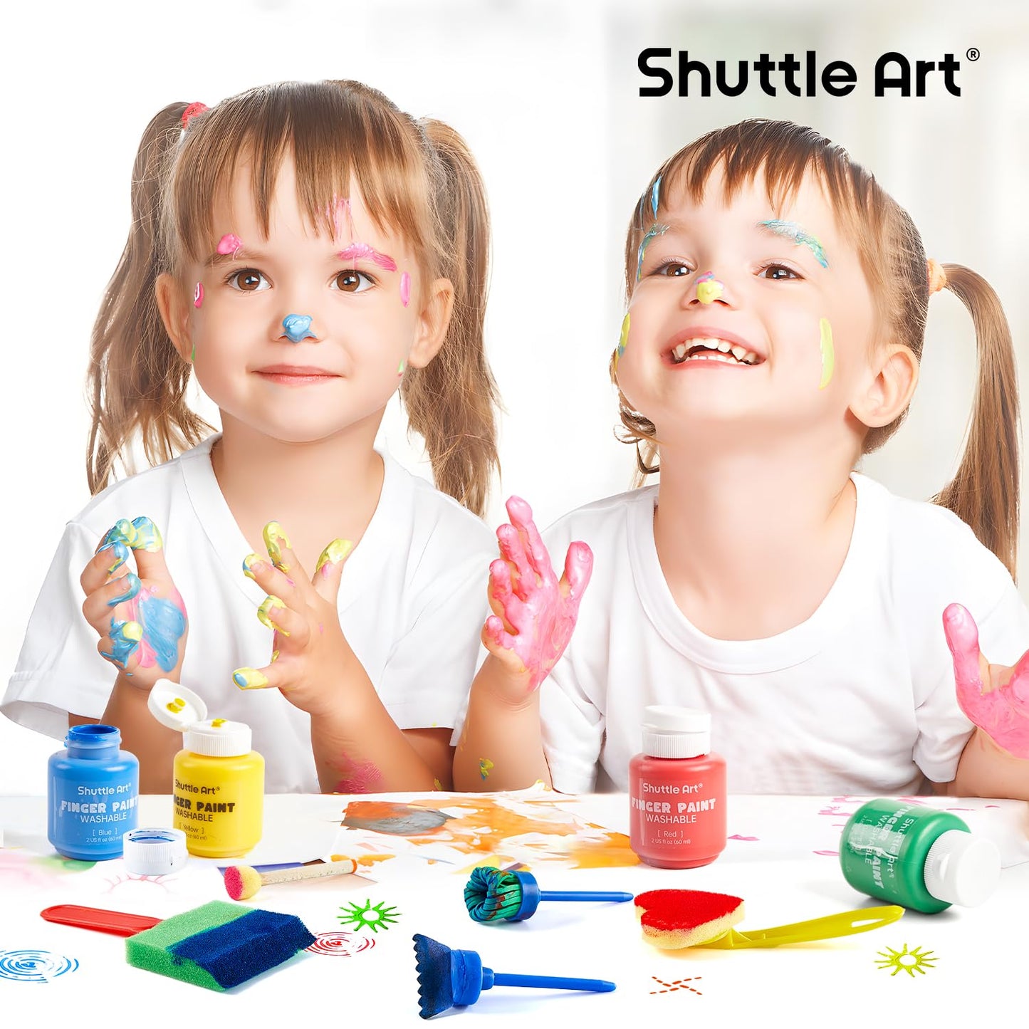 Shuttle Art Washable Finger Paint Set, 46 Pack Kids Paint Set with 14 Colors(60ml) Finger Paints, Brushes, Finger Paint Pad, Sponge, Palette, Smock, NonToxic for Toddlers Home Activity Early Education
