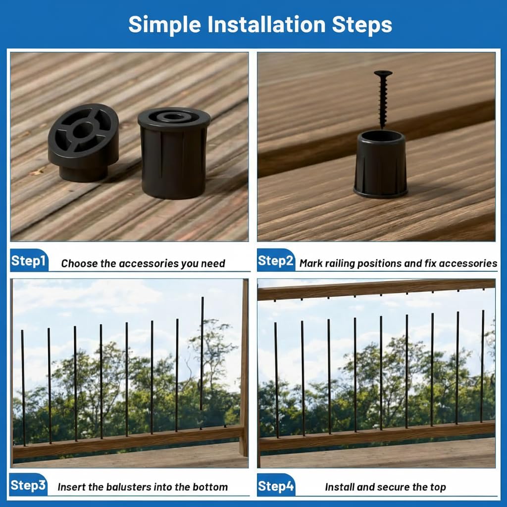 56 Pack 26 inch Aluminum Balusters for Deck Railing,Black Round Metal Spindles for Staircase,3/4" Diameter Hollow Deck Ballasters with Screws and Connectors for Railing Fencing Porch Stair Spindles