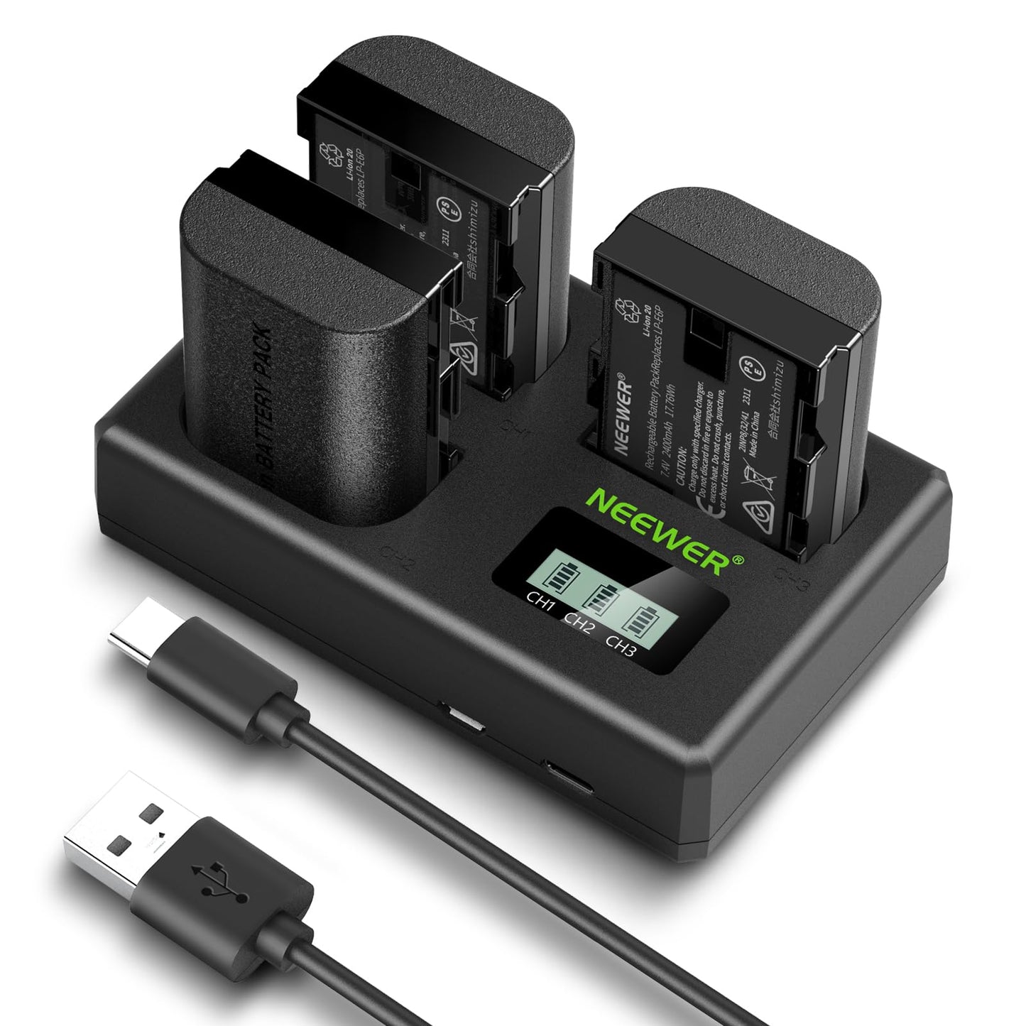 NEEWER 3 Pack 2400mAh LP-E6P/LP-E6NH/LP-E6N Replacement Battery & USB Triple Charger, Compatible with Canon EOS R5 Mark II EOS R5 EOS R6 EOS R7 EOS R 5D II III IV 6D 6D II 7D 7D II 60D 70D 80D 90D