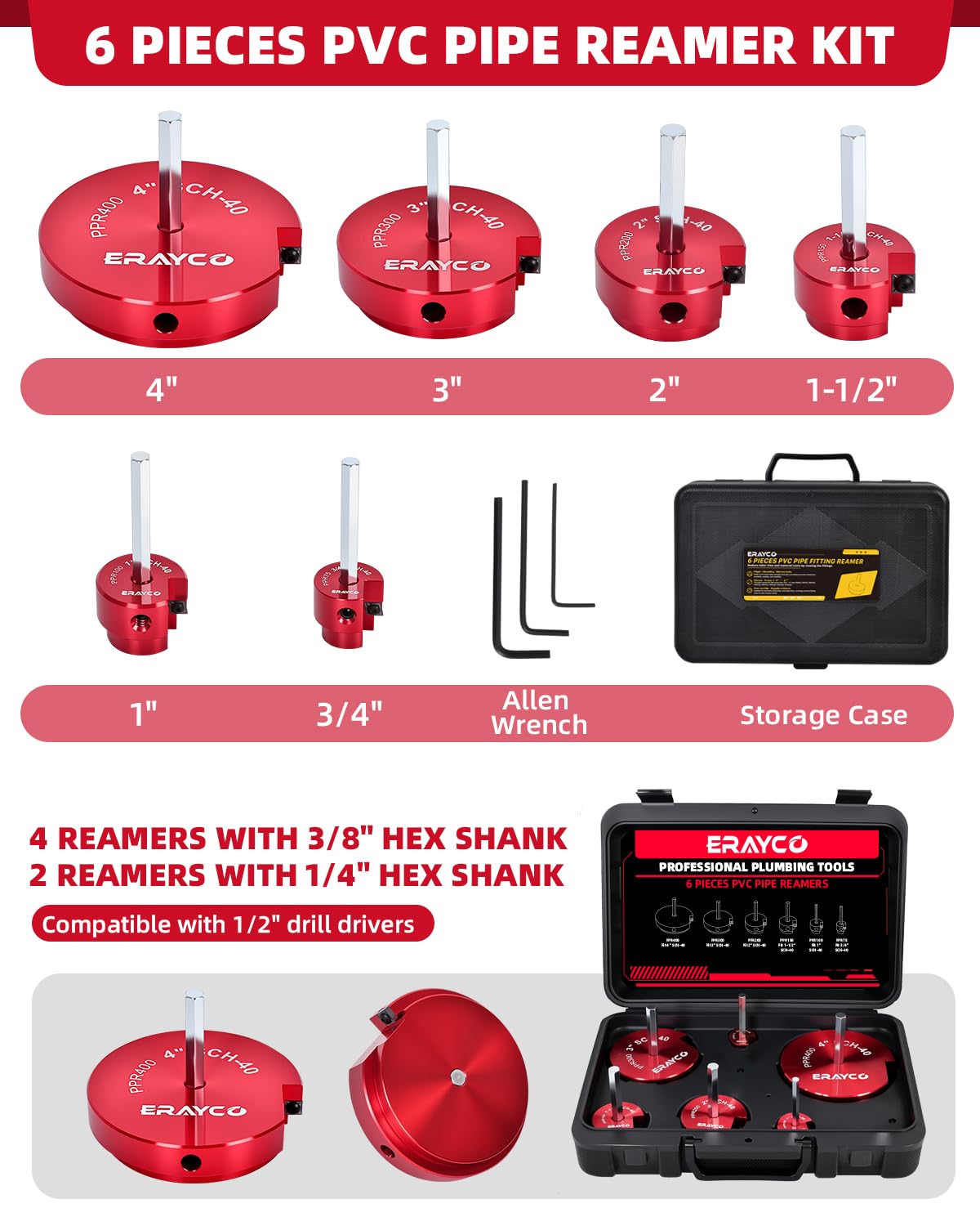 ERAYCO 6PCS PVC Pipe Reamer Kit, Plastic Pipe Fitting Reamer Tool, Fit into Standard 1/2" Drills, PVC Fitting Saver for SCH40 PVC CPVC ABS Pipe (3/4'', 1'', 1-1/2'', 2'', 3'', 4'')